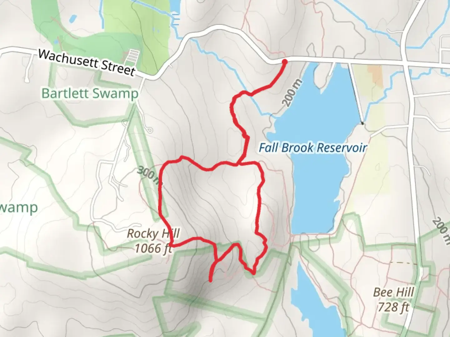 An image depicting the trail Fall Brook Reservoir and Rocky Hill Loop and its surrounding area.
