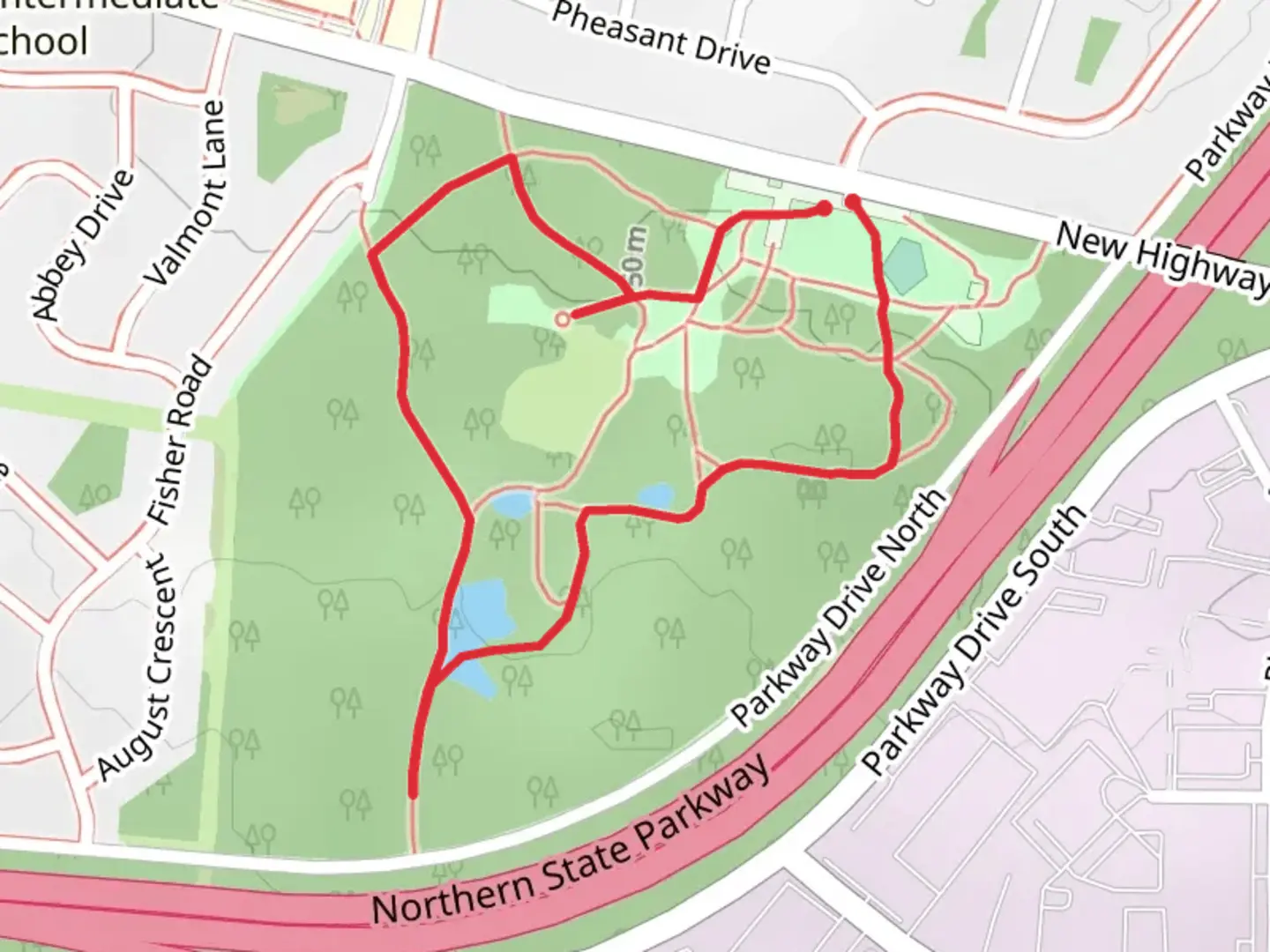 An image depicting the trail New Highway Park Loop and its surrounding area.