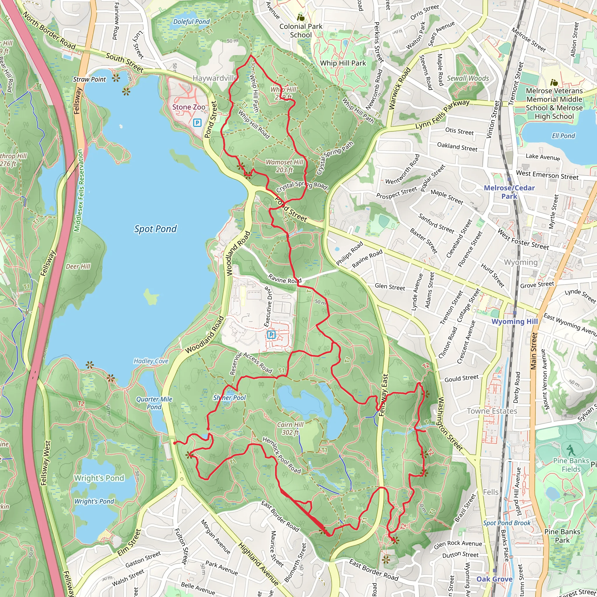 Middlesex Fells Reservoir and Whip Hill Park Loop Trail mobile static map