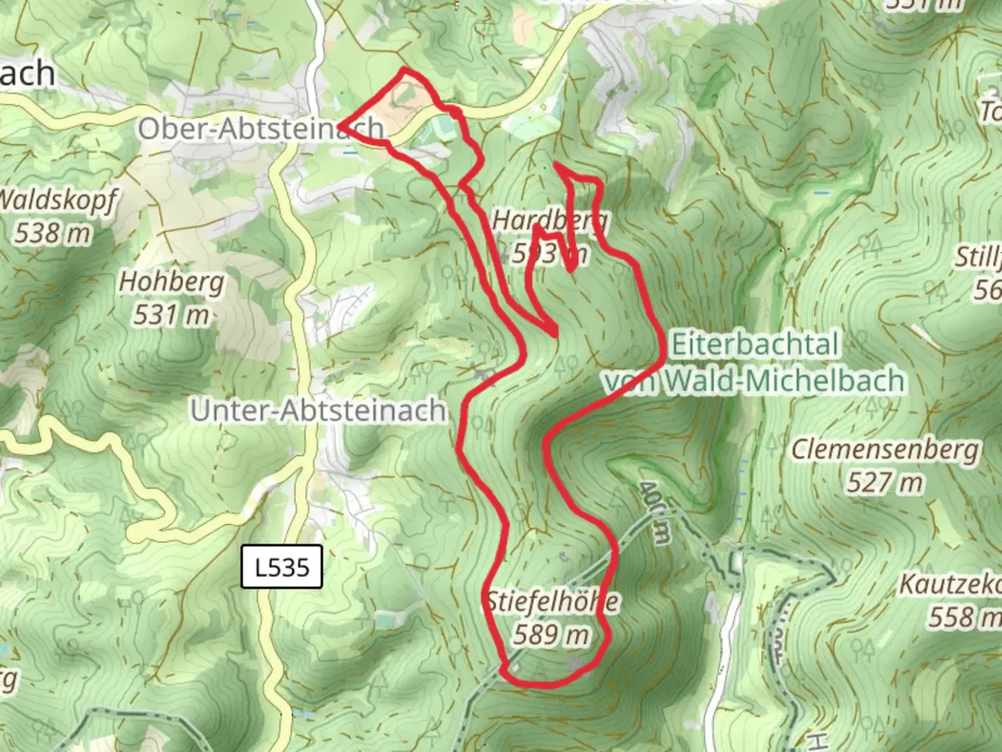 An image depicting the trail Hardberg via Hardberg Weg and Camino Incluso and its surrounding area.