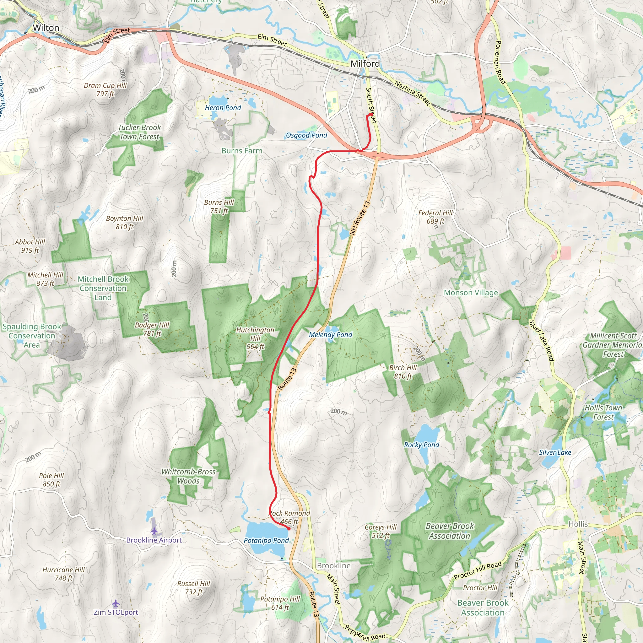 Potanipo Pond Trail from Milford mobile static map