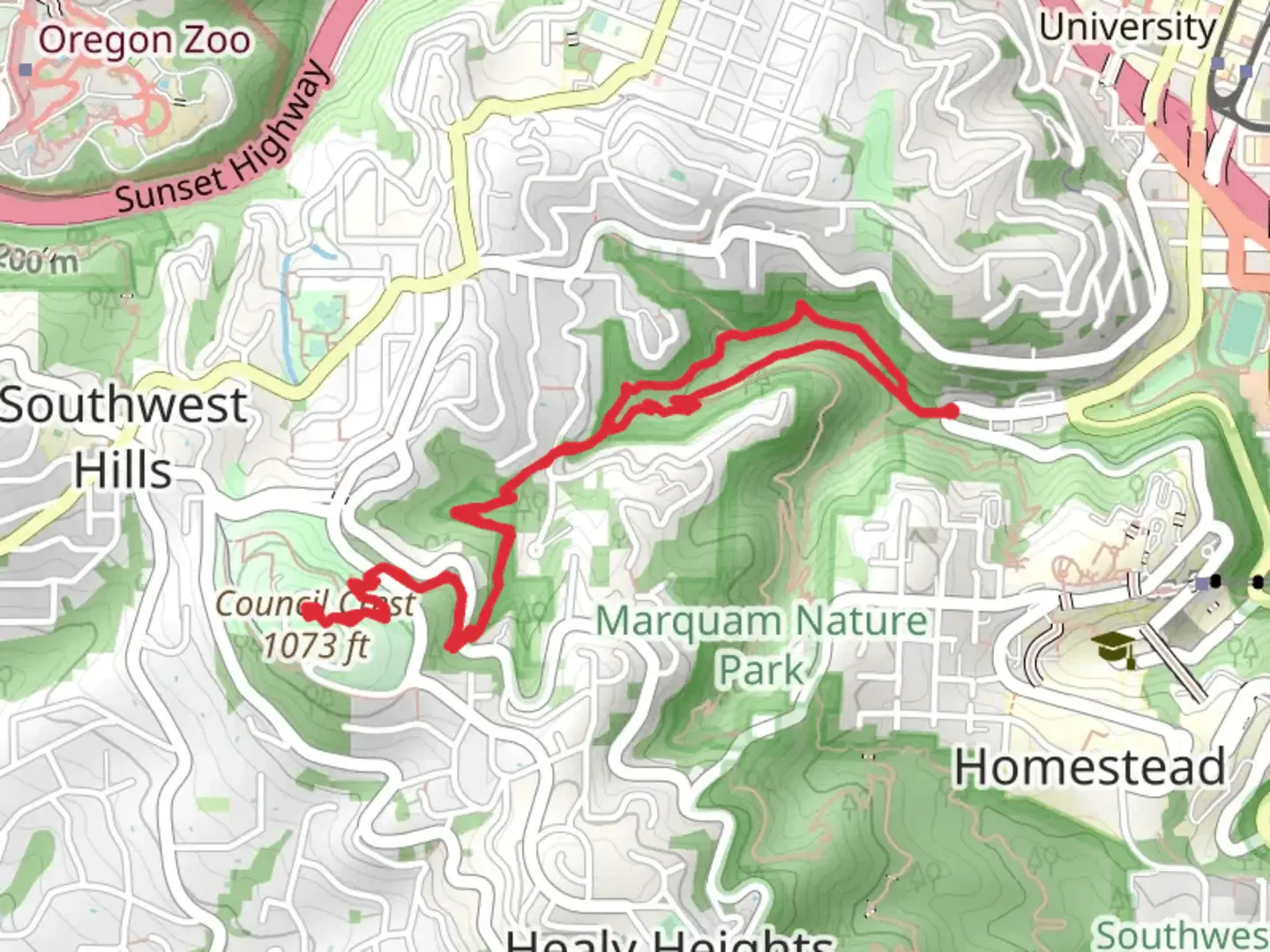 An image depicting the trail Council Crest via Sunnyside and Shadyside Trail and its surrounding area.