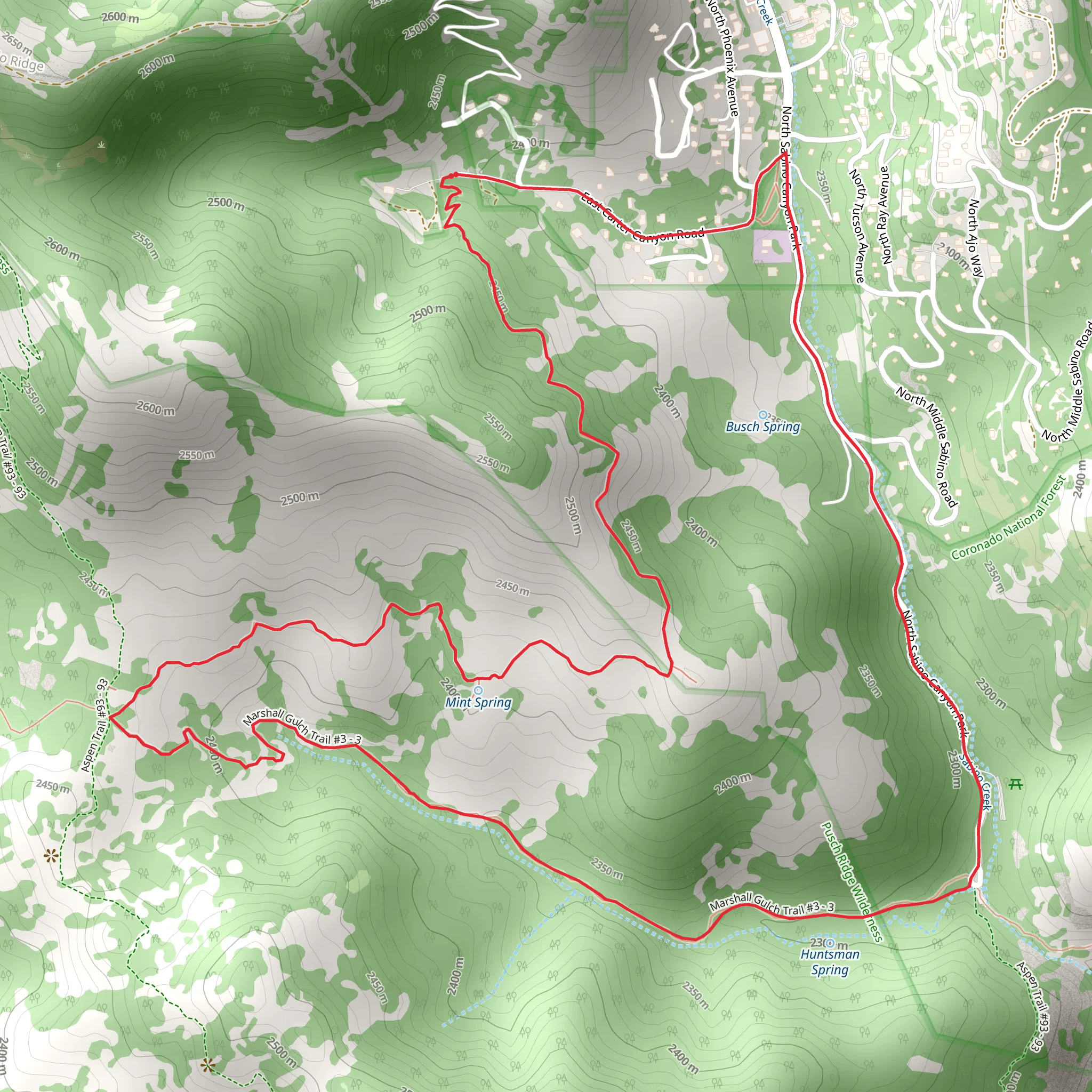 Mint Spring Trail and North Sabino Canyon Park Loop mobile static map