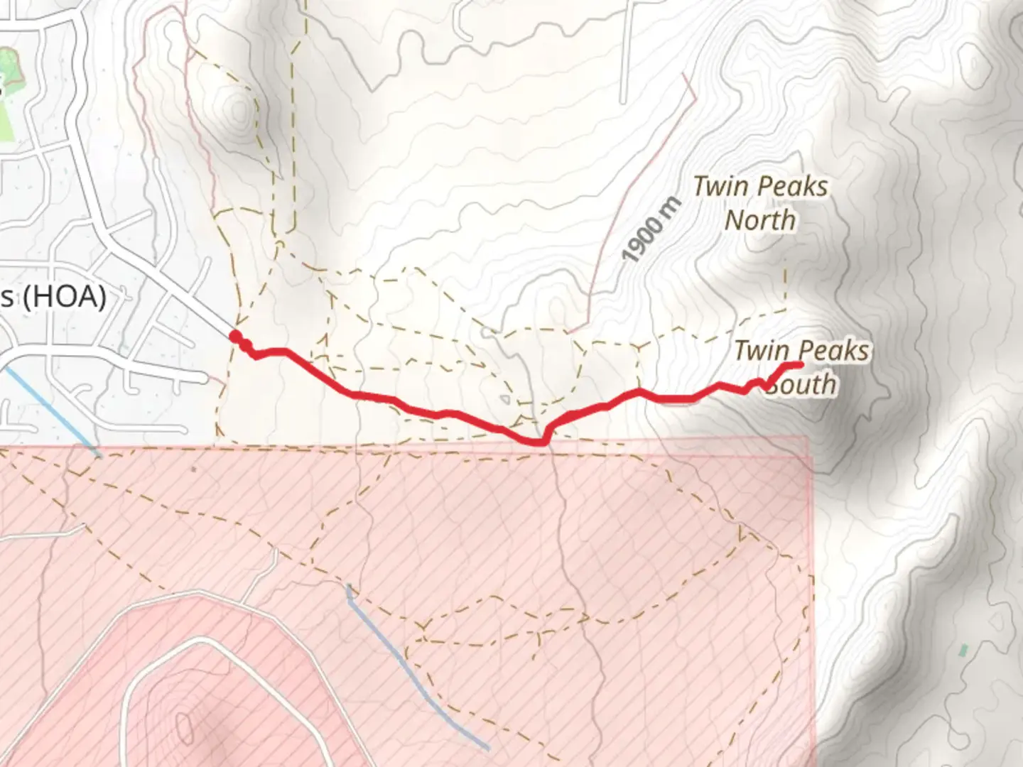 An image depicting the trail Twin Peaks Out and Back and its surrounding area.