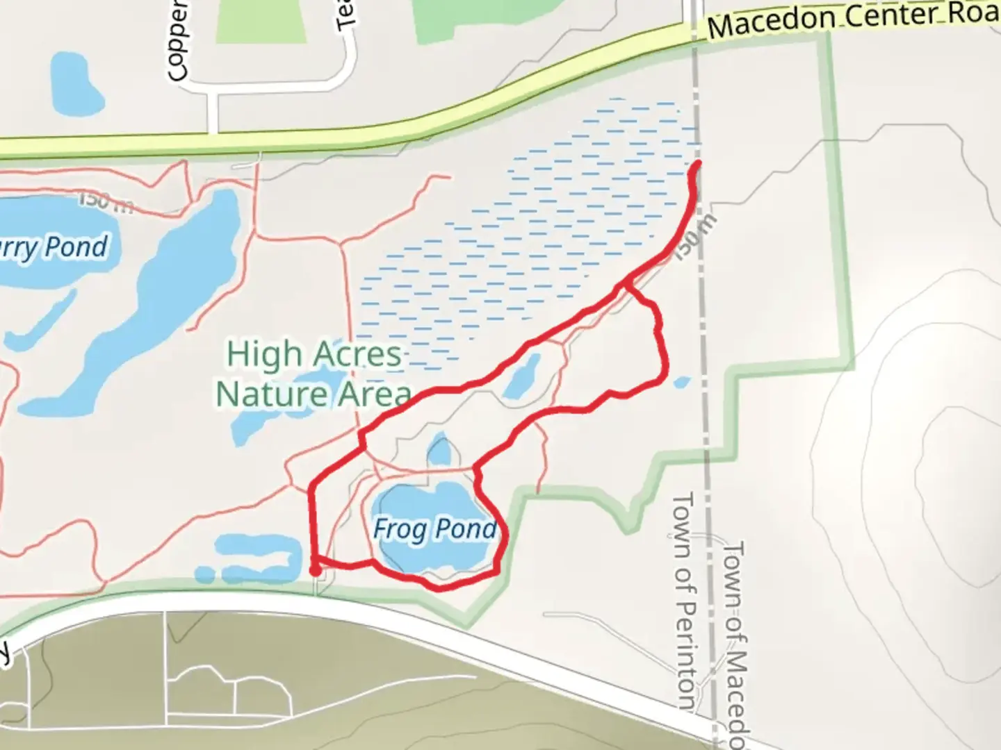 An image depicting the trail Frog Pond and Sunfish Pool Loop Trail from Perinton Parkway and its surrounding area.