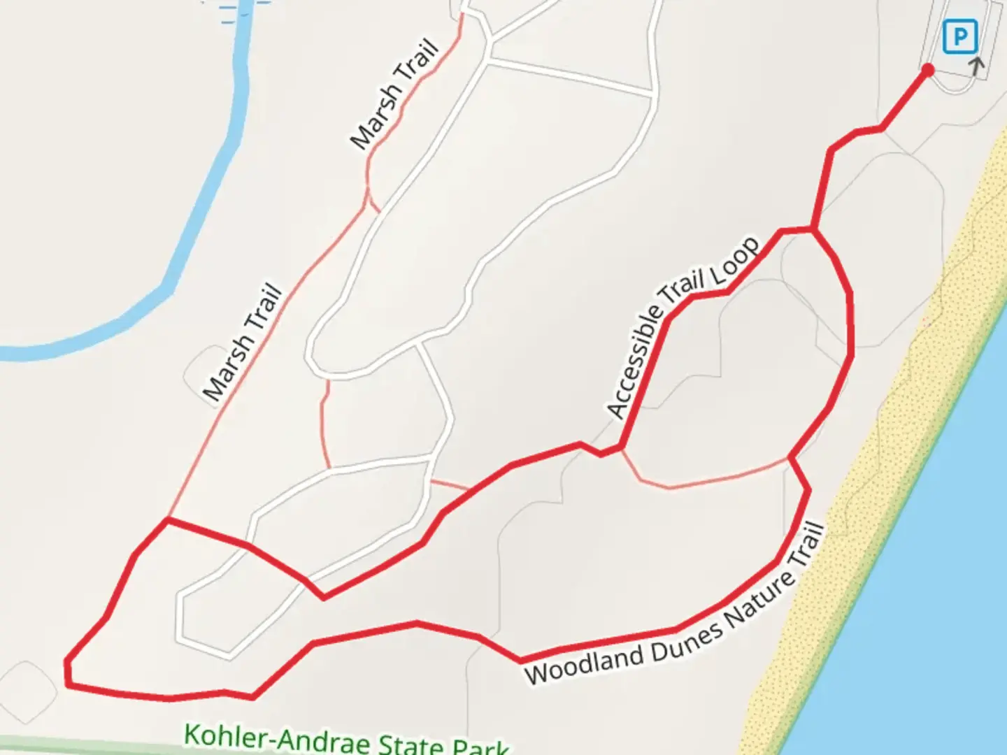 An image depicting the trail Accessible Trail and Woodland Dunes Nature Loop Trail and its surrounding area.