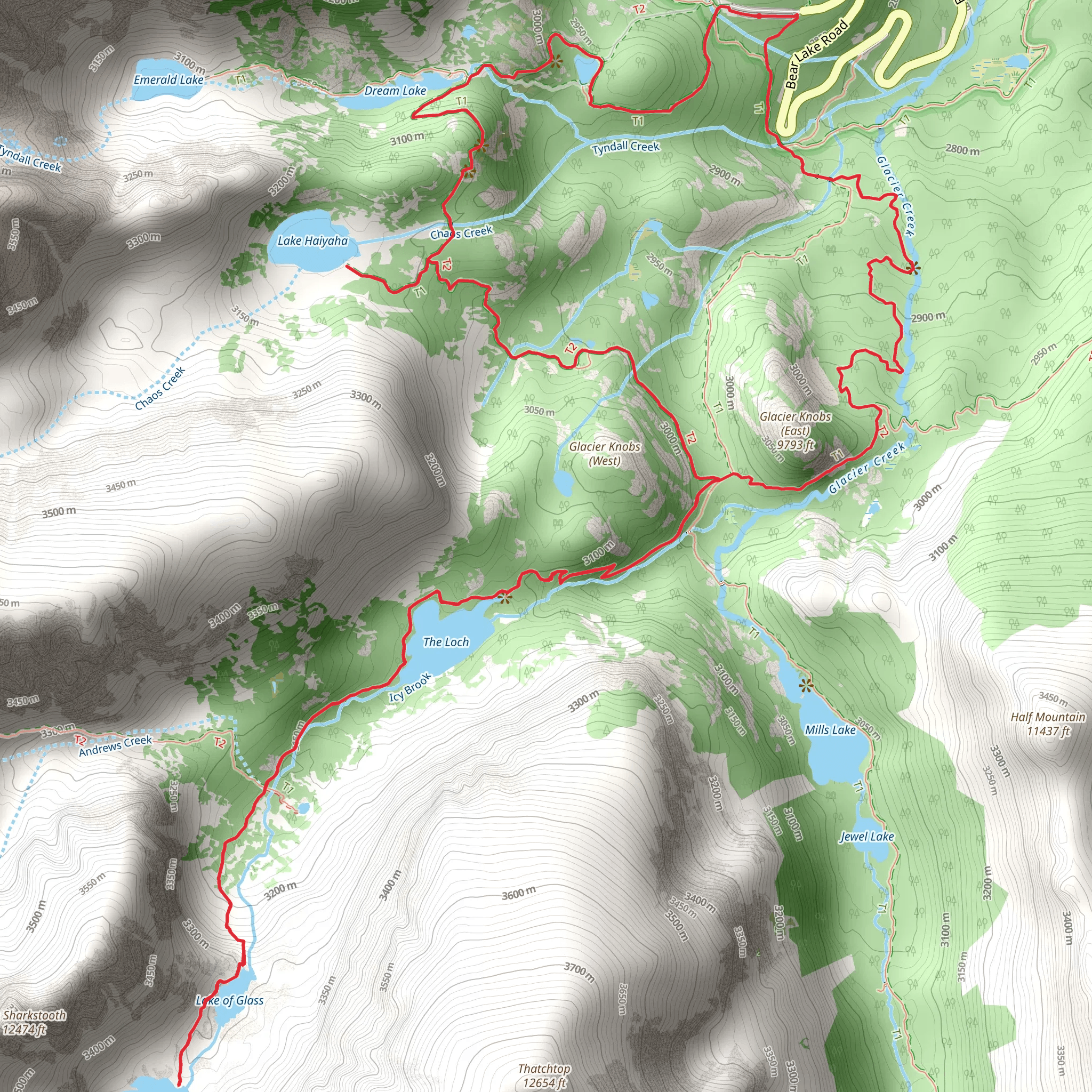 Dream Lake, Lake Haiyaha and Sky Pond Loop mobile static map