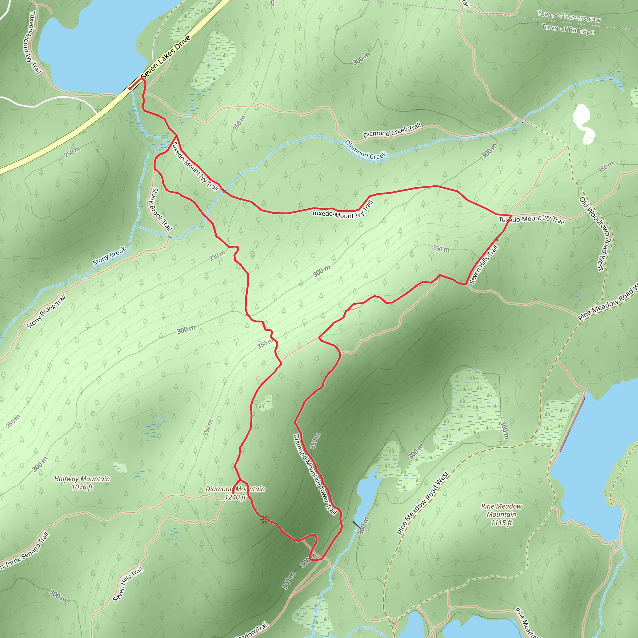 Diamond Mountain and Tuxedo Mount Ivy Loop Trail via Lake Sebago mobile static map