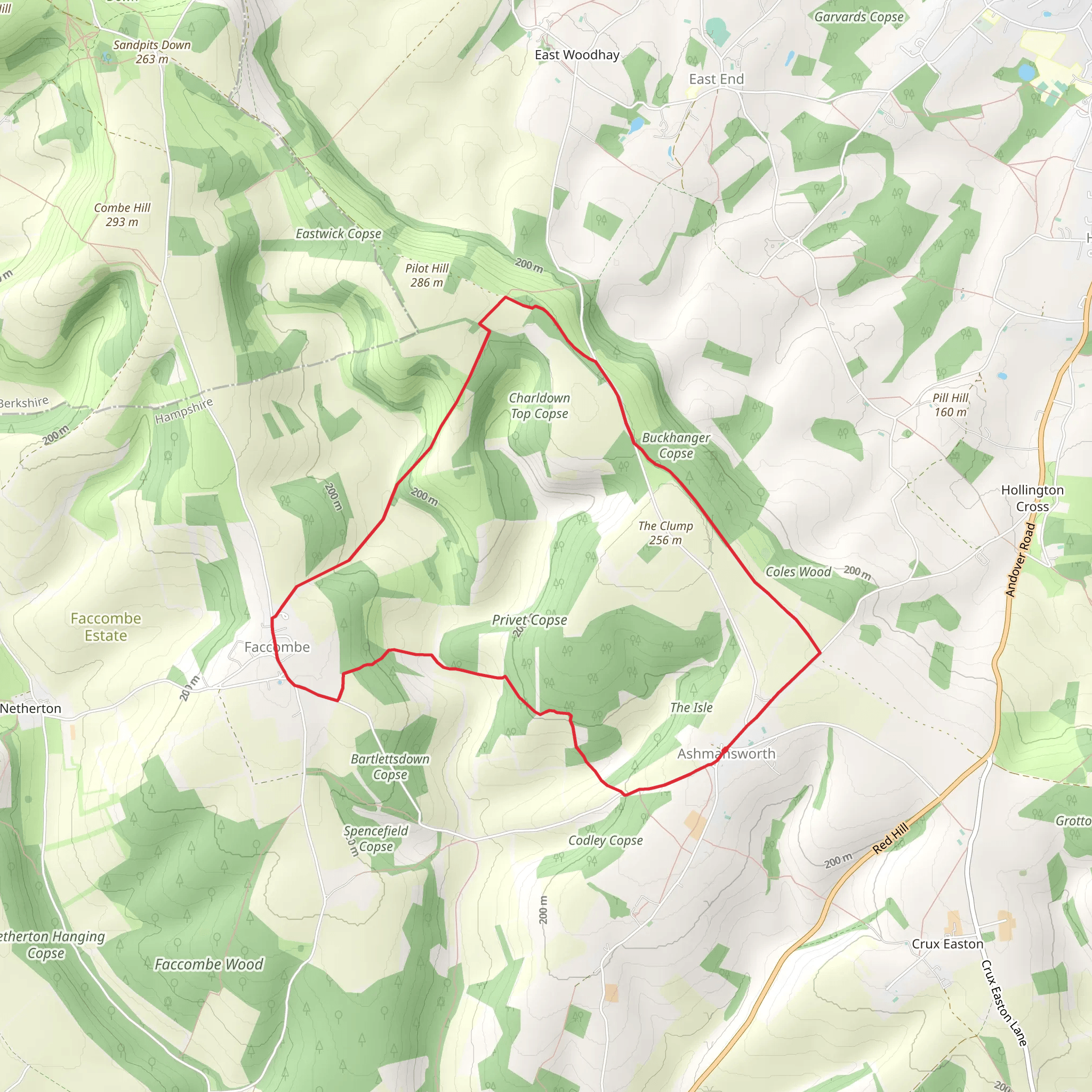 Faccombe and Privet Copse via Wayfarers Walk mobile static map