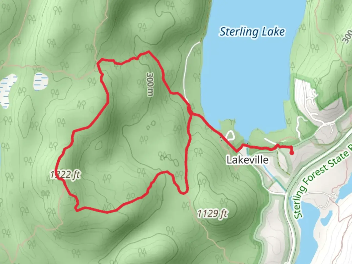 An image depicting the trail Fire Tower Trail and Sterling Ridge Trail via Sterling Lake and its surrounding area.
