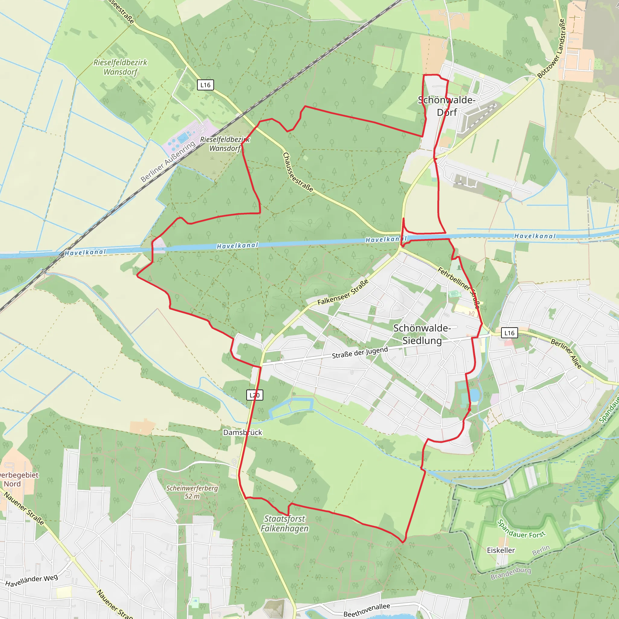 Schonwaldeglien Loop via Havelkanal mobile static map