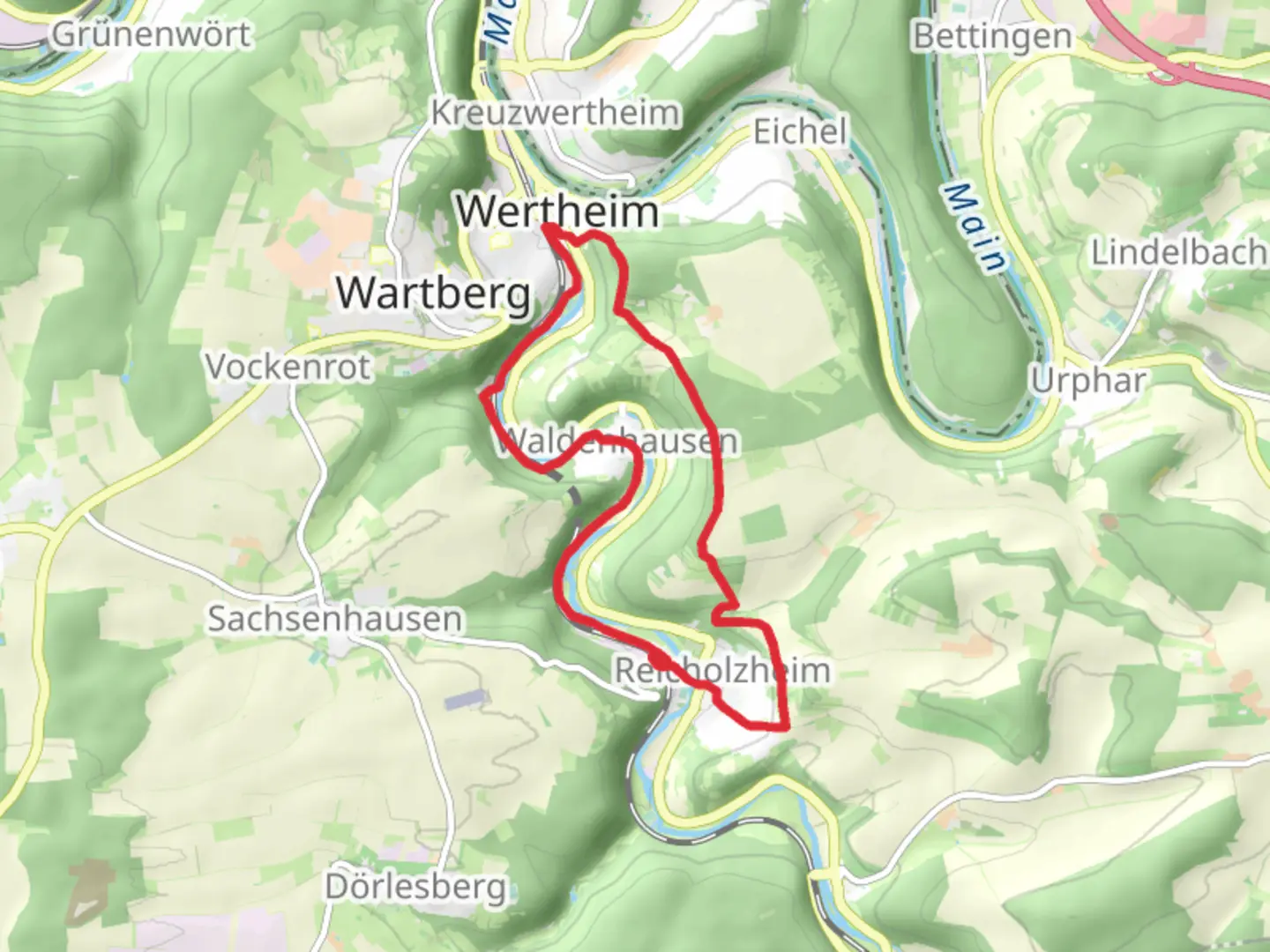 An image depicting the trail Tauber via Main Neckar Rhein Weg and Gebiets Wanderweg and its surrounding area.