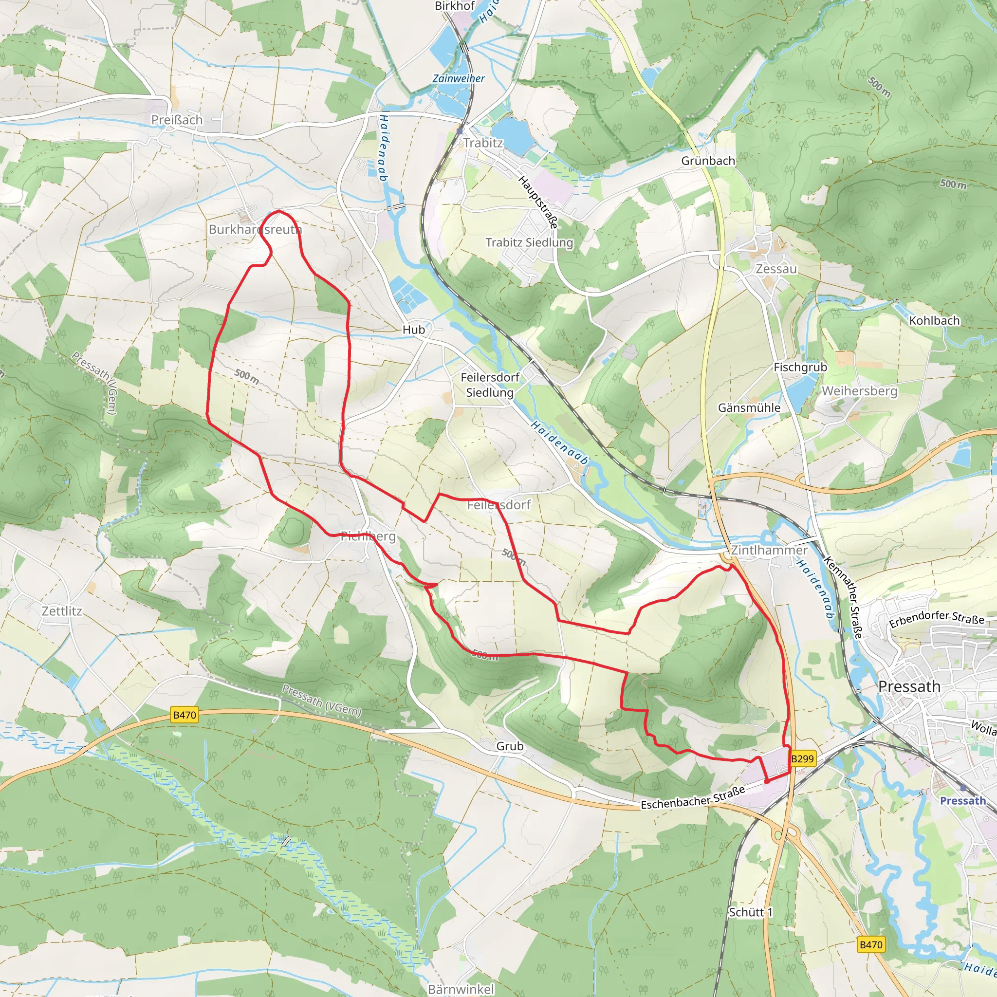 Grafenwoehr Gruenderweg and Pressather Rundwanderweg mobile static map