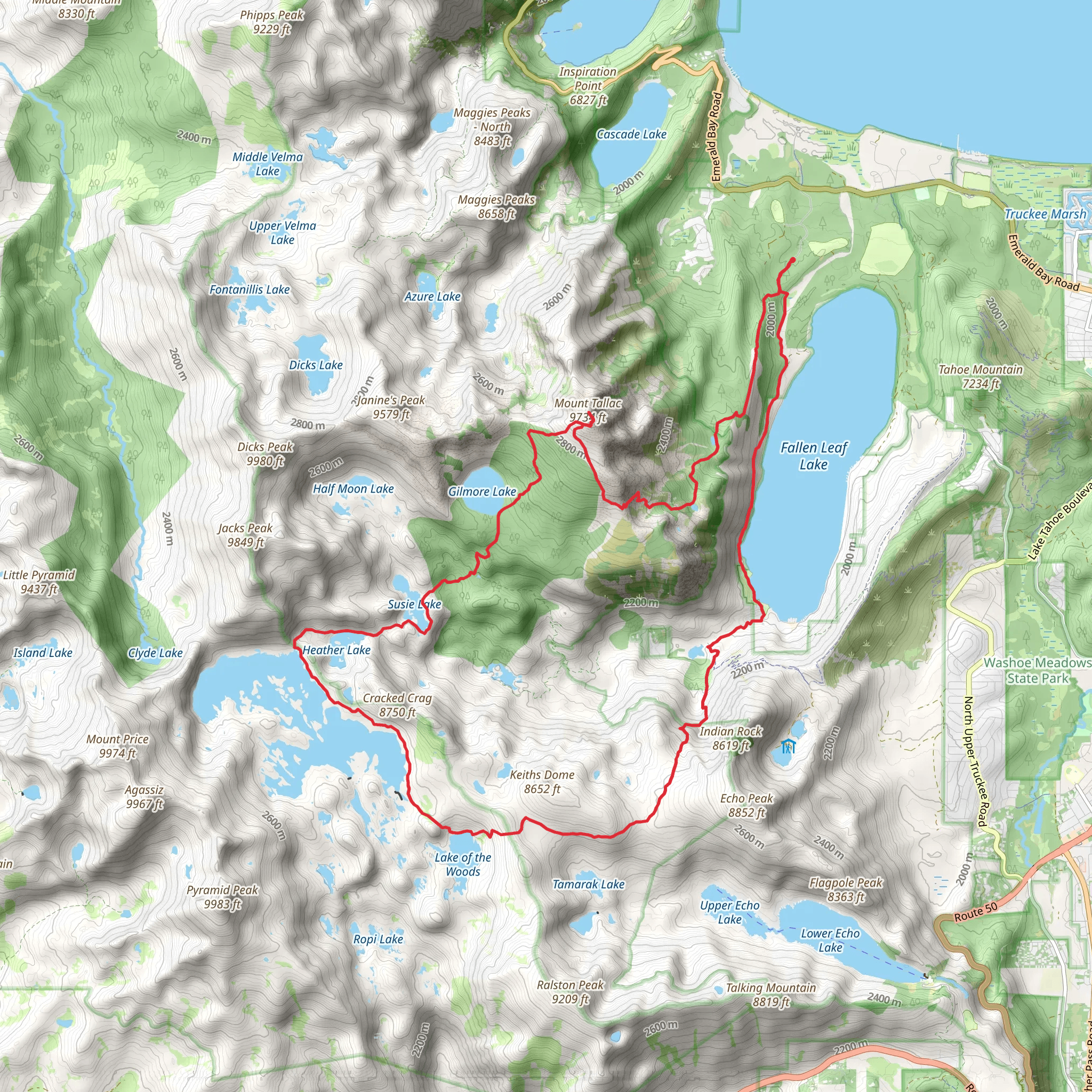 Mount Tallac, Cracked Crag and Lake of the Woods via Tahoe rim Trail and Tamarack Trail mobile static map