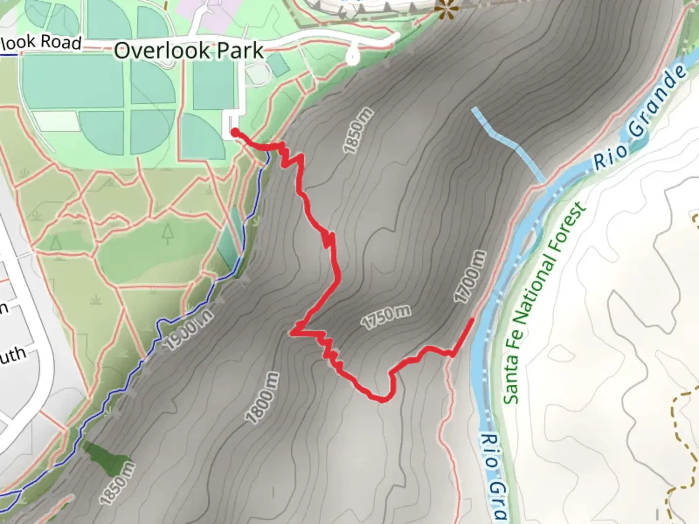 An image depicting the trail Blue Dot Trail Out and Back and its surrounding area.