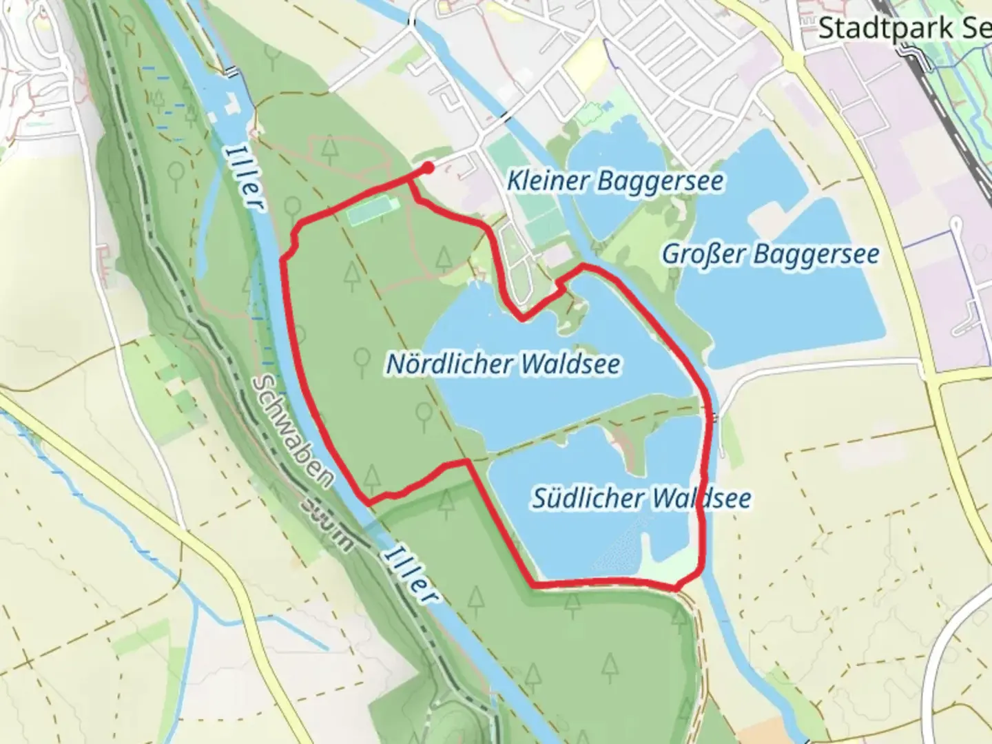 An image depicting the trail Nördlicher and Südlicher Waldsee Loop and its surrounding area.