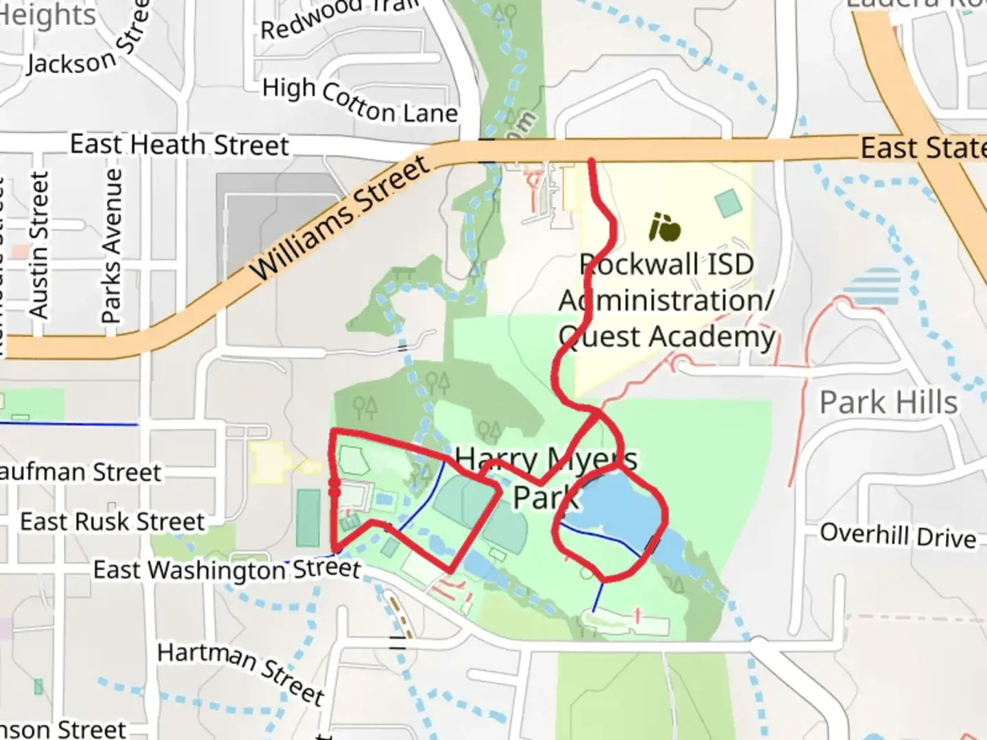 An image depicting the trail Harry Myers Park and Pickens Lake loop and its surrounding area.
