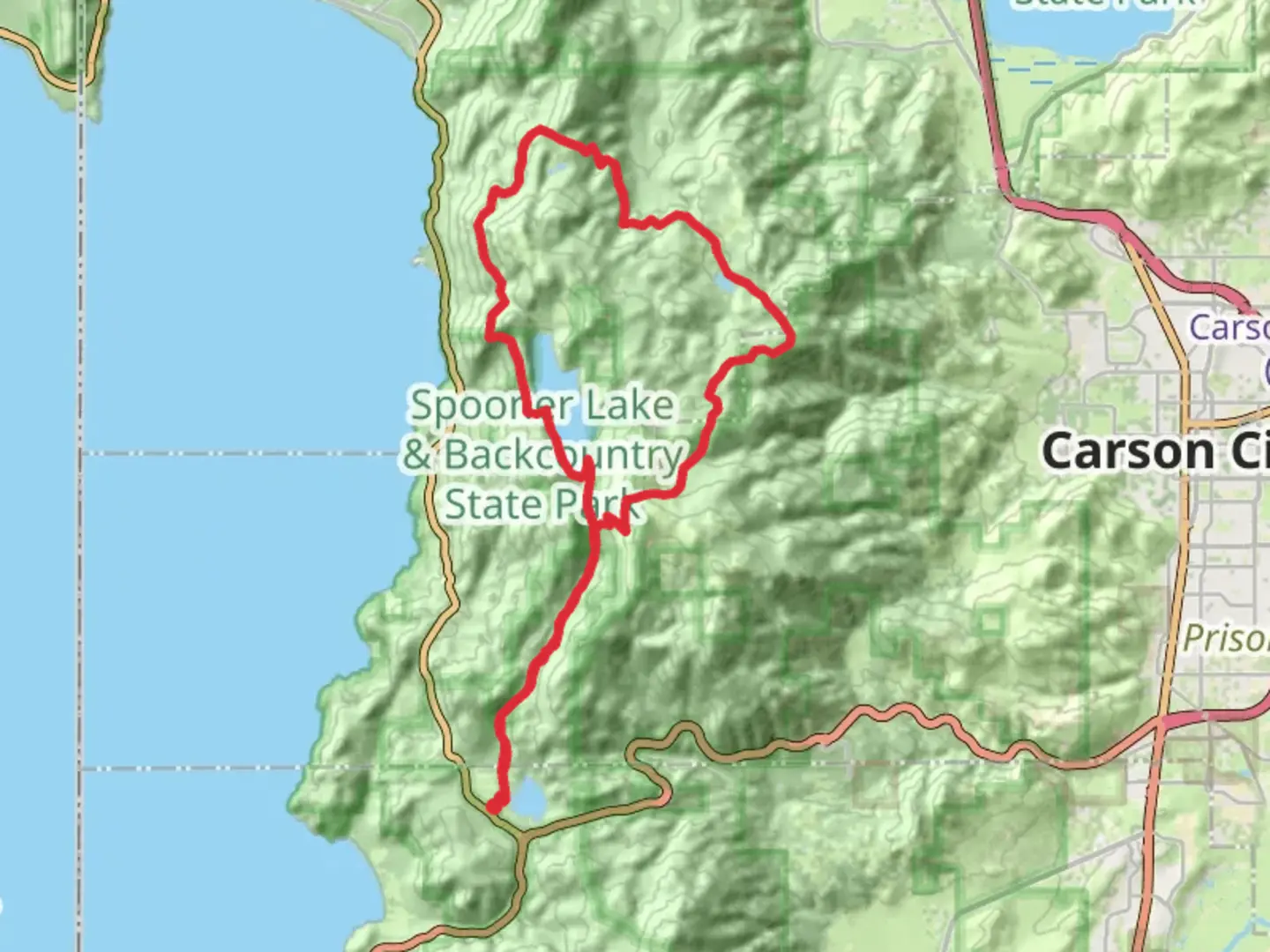 An image depicting the trail North Canyon Road, Marlette Flume and Red House Flume Loop Trail and its surrounding area.