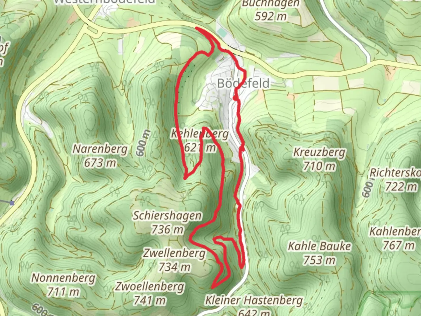An image depicting the trail Kehlenberg and Hollenhaus Loop via Hollenpfad and its surrounding area.
