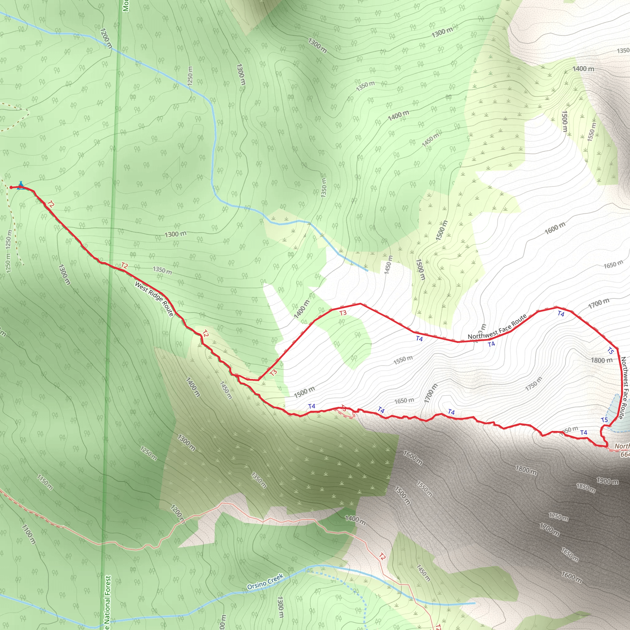 West Ridge Route and Northwest Face Route mobile static map