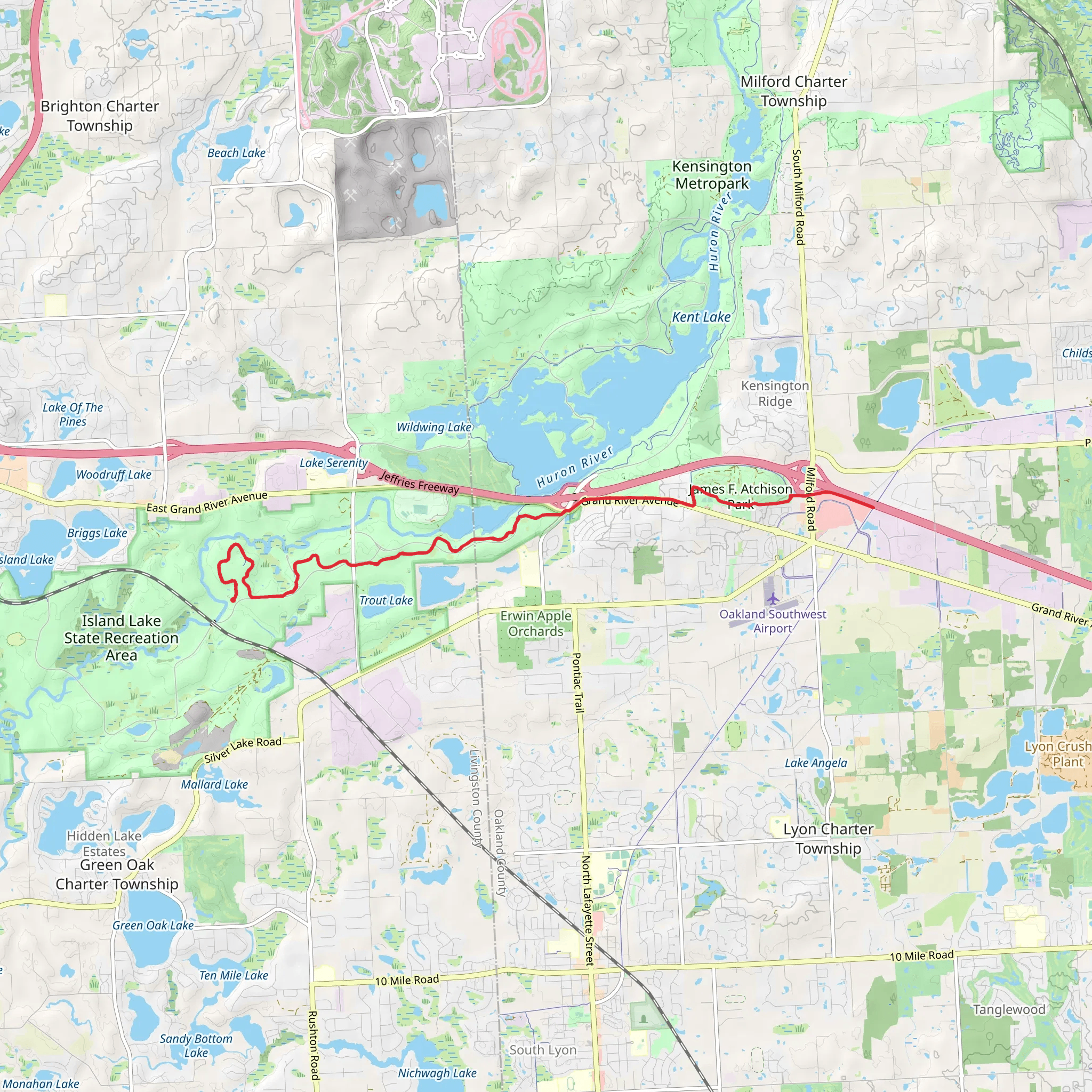 Kent Lake Beach Road to Huron Valley Trail mobile static map