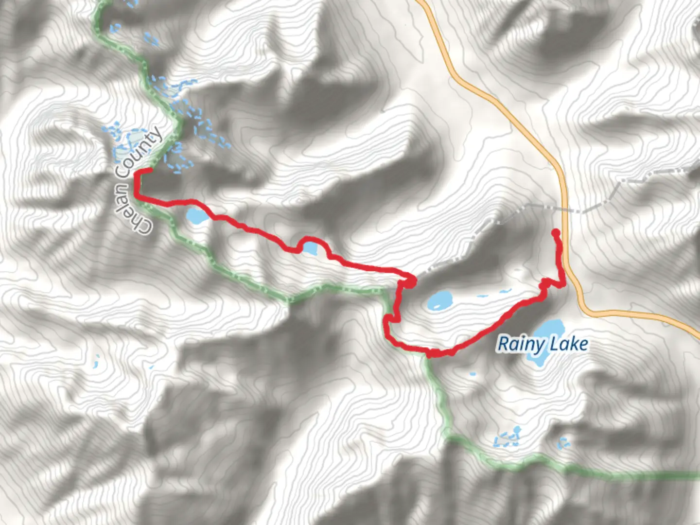 An image depicting the trail Black Peak, Wing Lake and Lewis Lake via Rainy Lake Trail and its surrounding area.