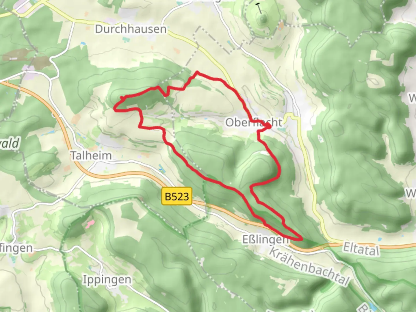 An image depicting the trail Oberflacht Loop and its surrounding area.