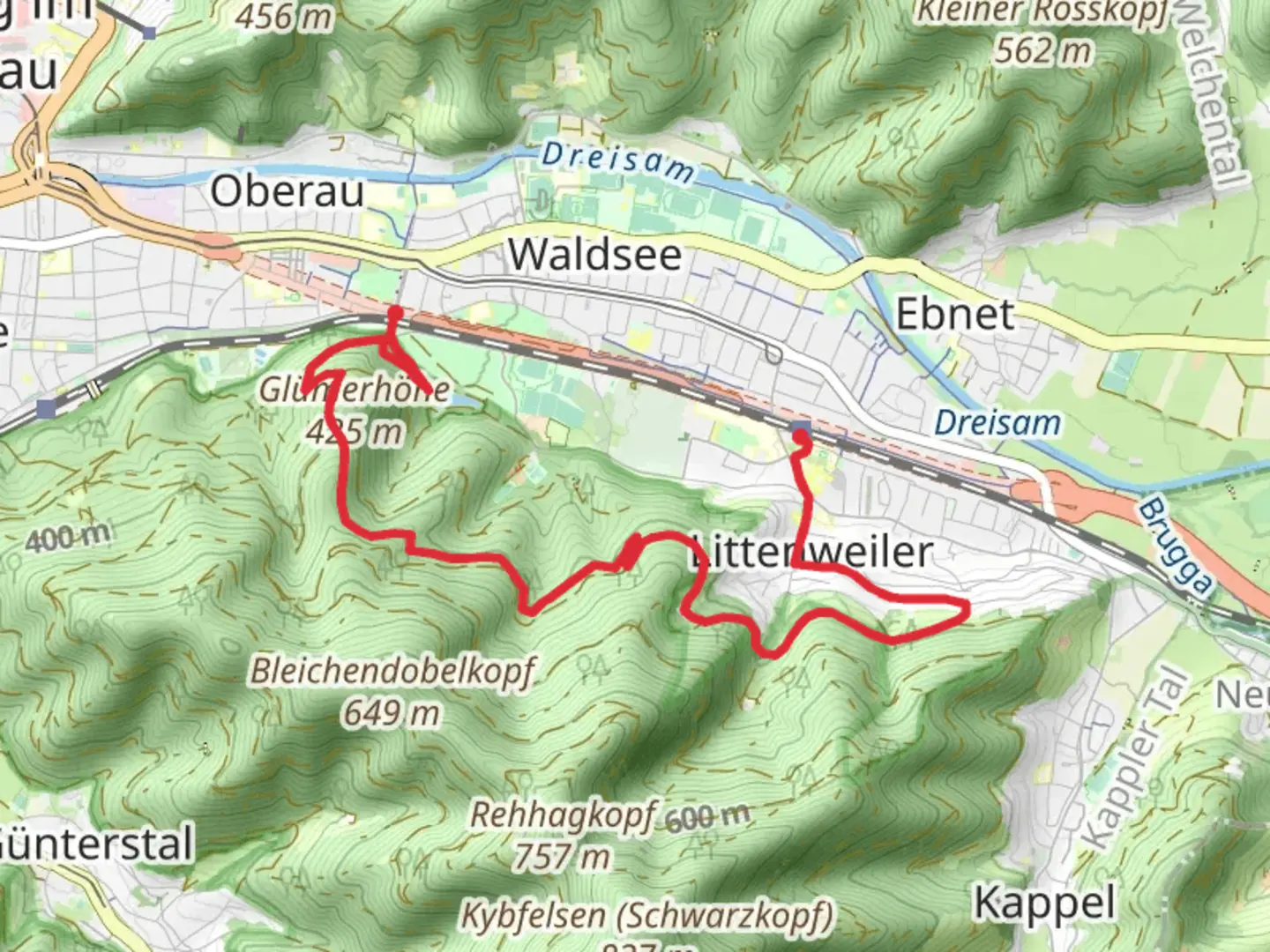 An image depicting the trail Freiburg Littenweiler to Stadthalle via Sagemaennleweg and its surrounding area.