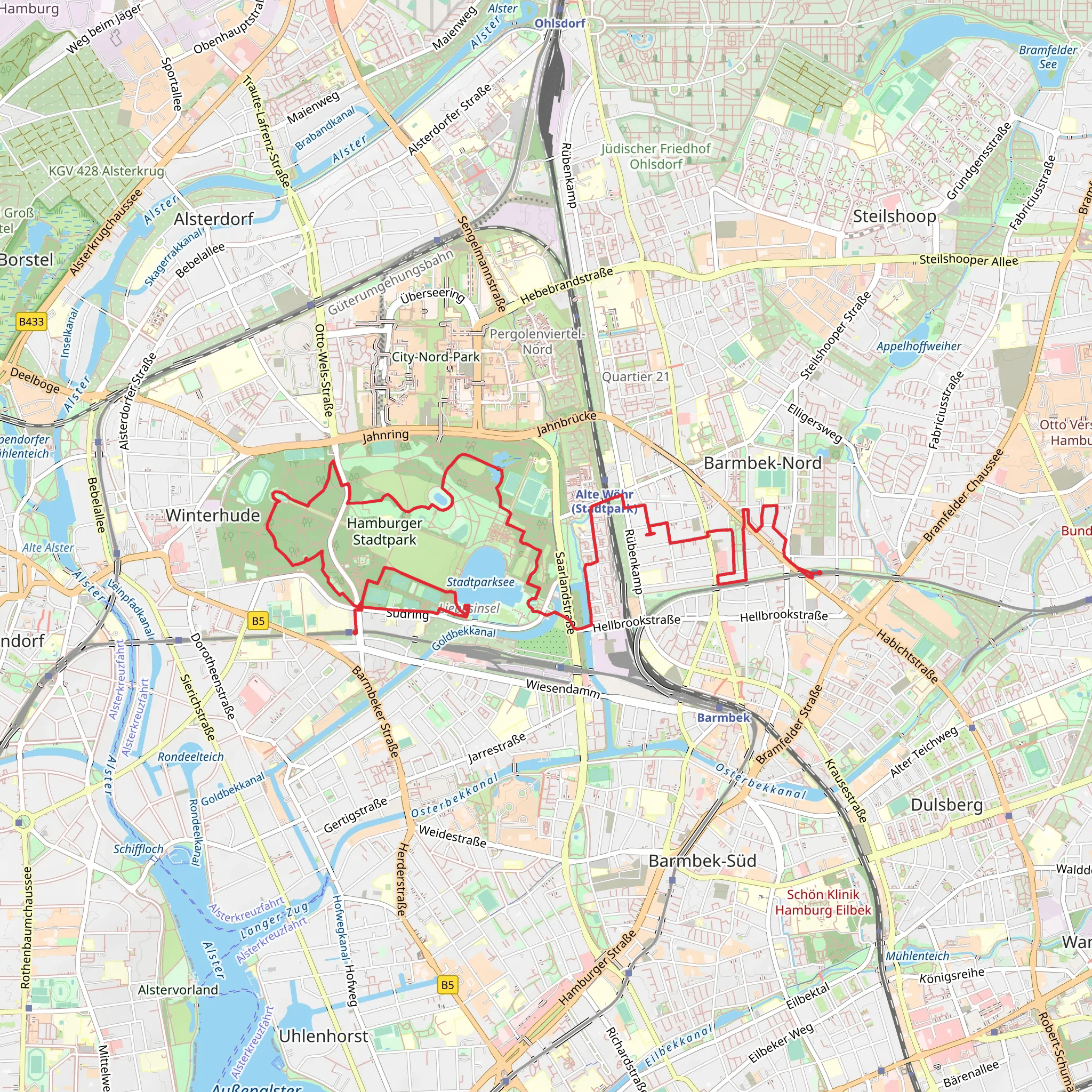 Habichtstrasse to Borgweg via Stadtparksee and Pilgern im Stadtpark mobile static map