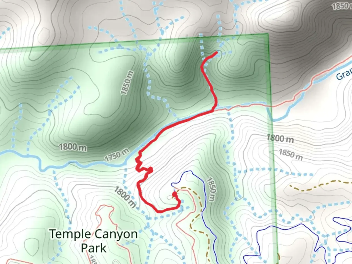 An image depicting the trail Grape Creek - Temple Canyon Trail and its surrounding area.