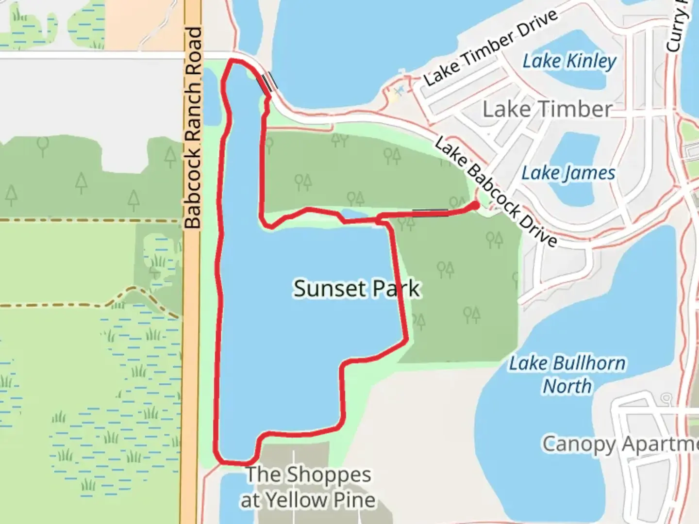 An image depicting the trail Sunset Lake Loop and its surrounding area.
