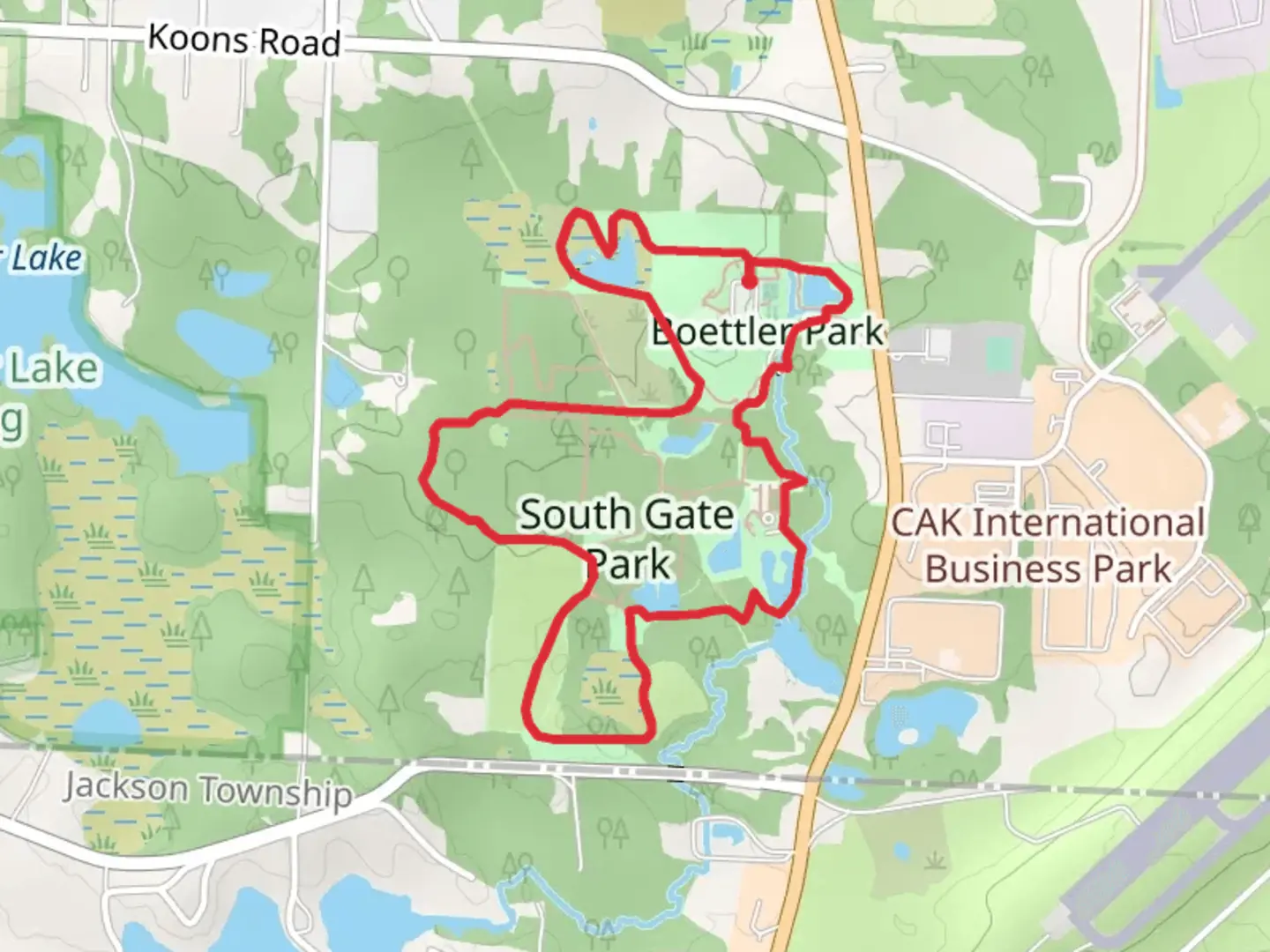 An image depicting the trail Boettler Park and South Gate Park Loop and its surrounding area.