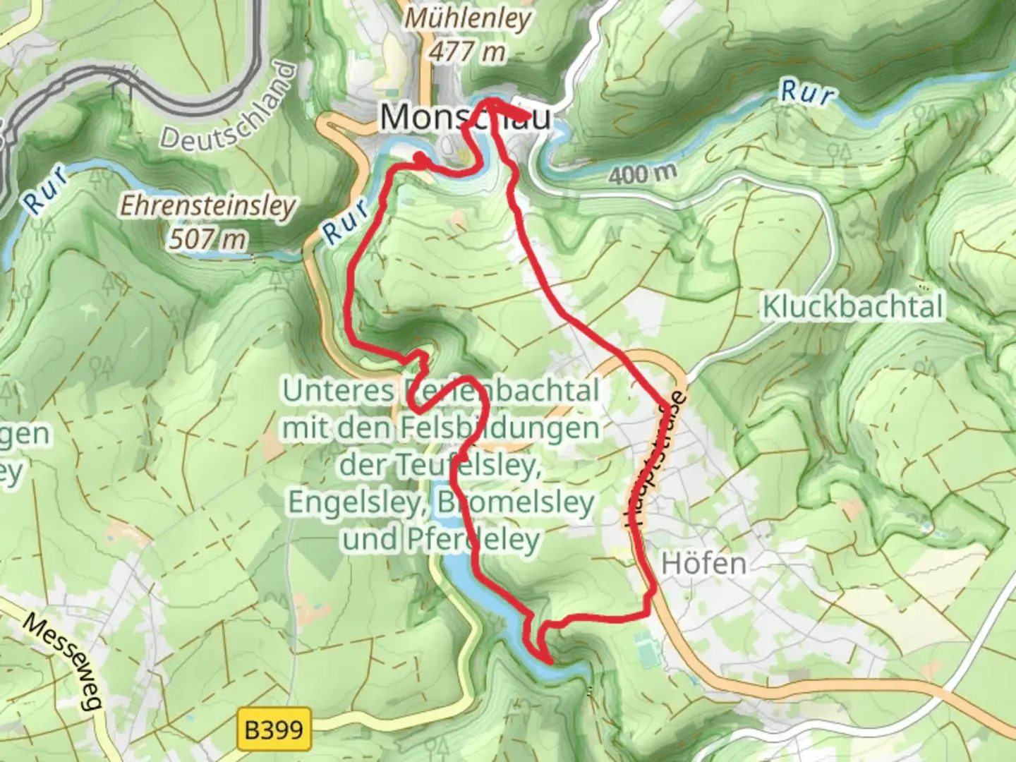 An image depicting the trail Jahrhundertweg and Eifelsteig Loop via Perlenbach and its surrounding area.
