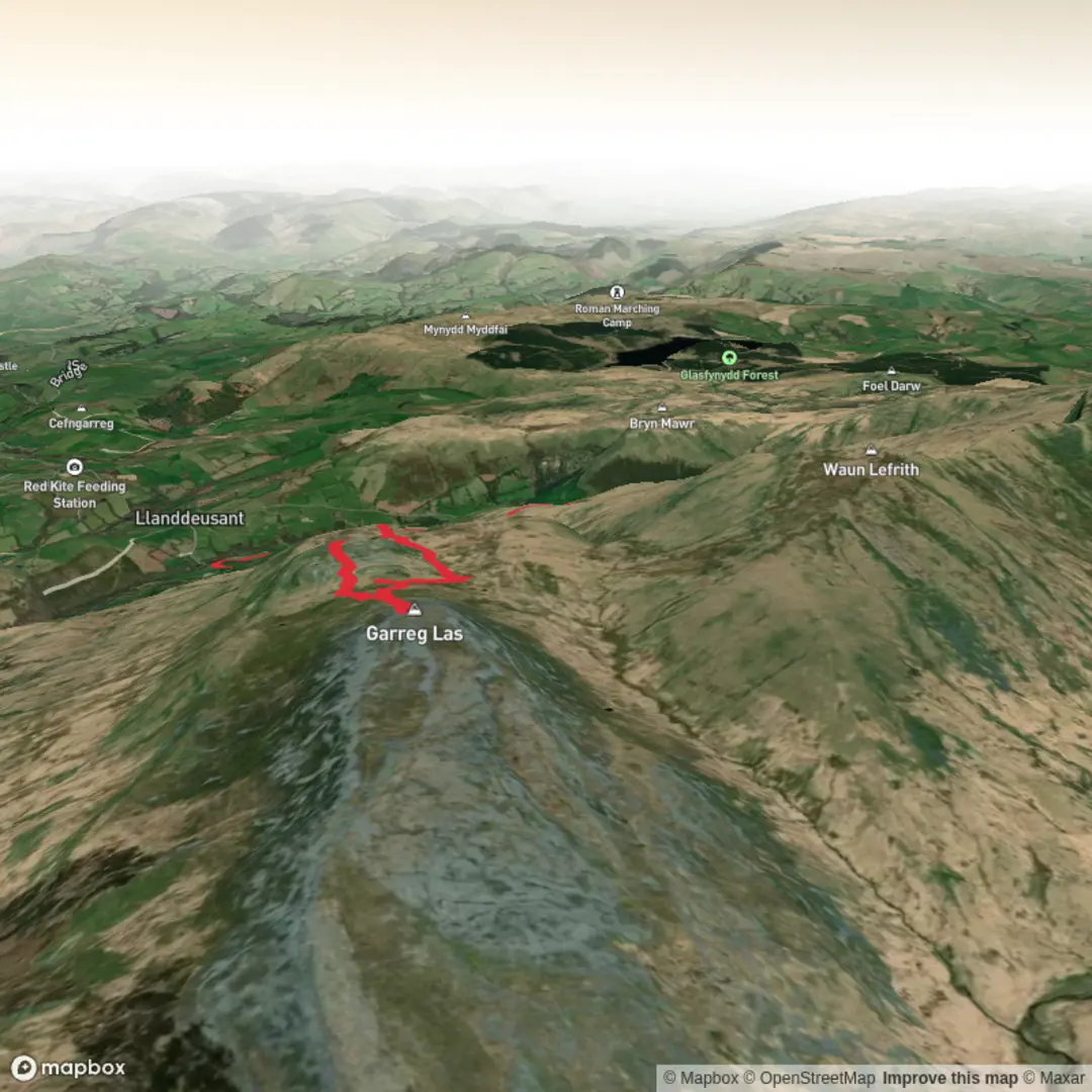An image depicting the trail Carreg Las - The Carmarthenshire Fans and its surrounding area.