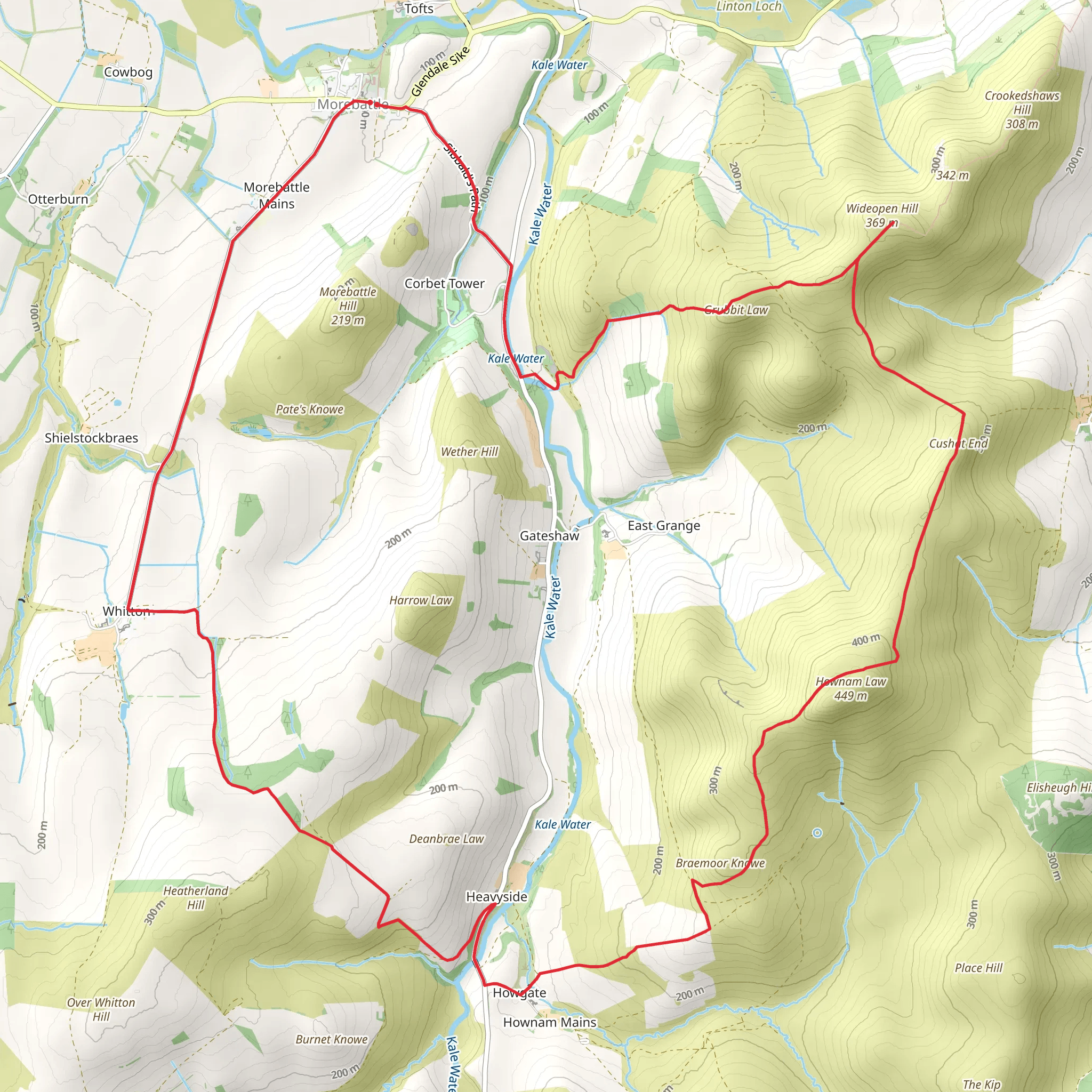 Wideopen Hill and Hownam Law Loop from Morebattle mobile static map