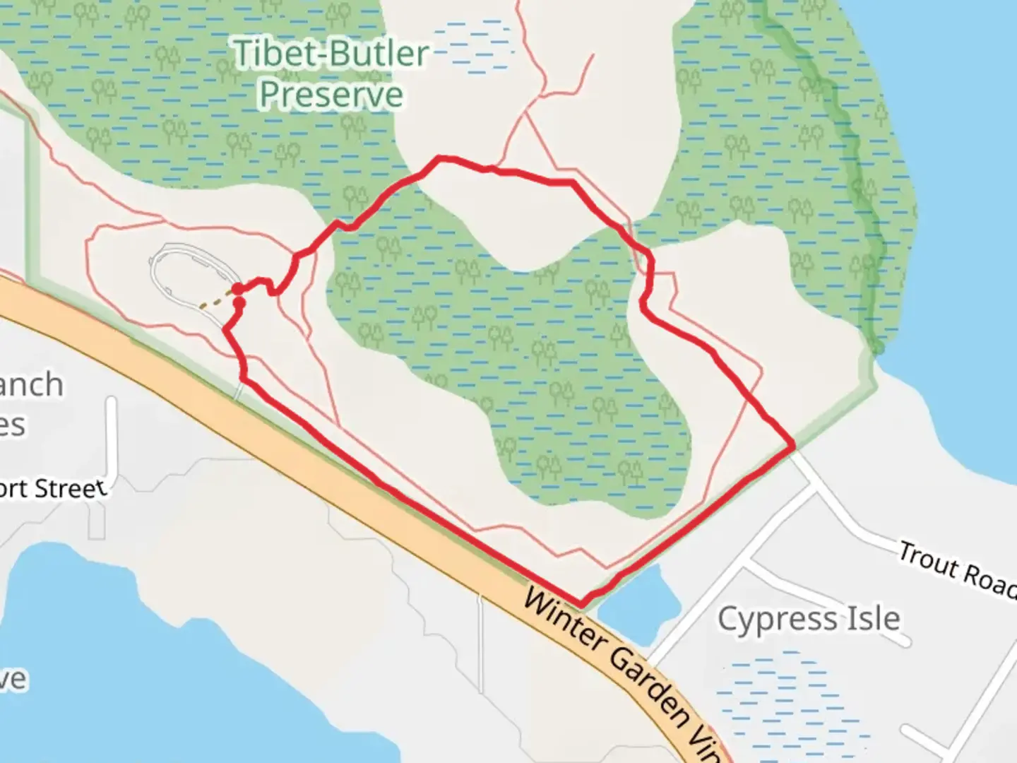 An image depicting the trail Tibet Butler Nature Preserve Loop and its surrounding area.