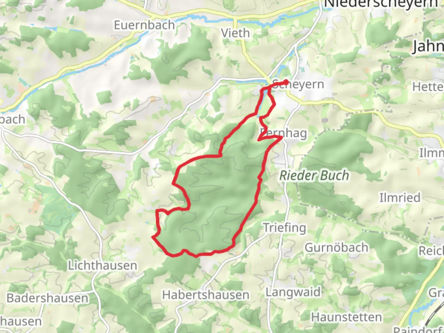 An image depicting the trail Kloster Scheyern, Schloßberg and Scheyern Loop via Akazienweg and its surrounding area.
