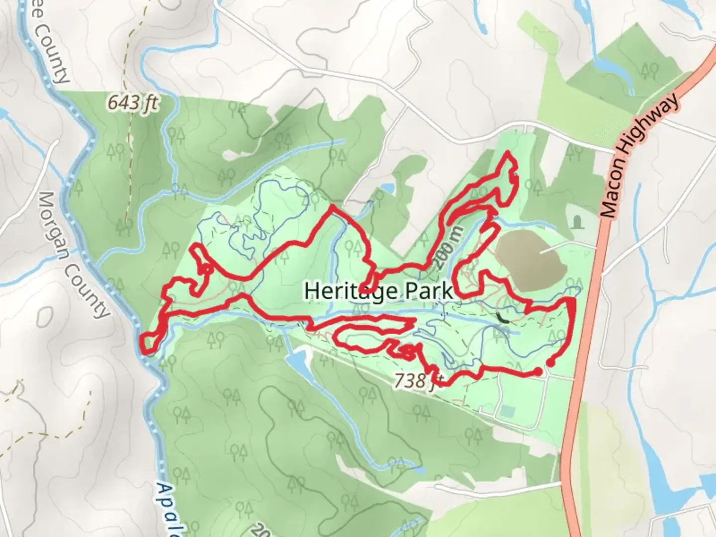 An image depicting the trail Joir Trail and Horse Loop Trail in Heritage Park and its surrounding area.