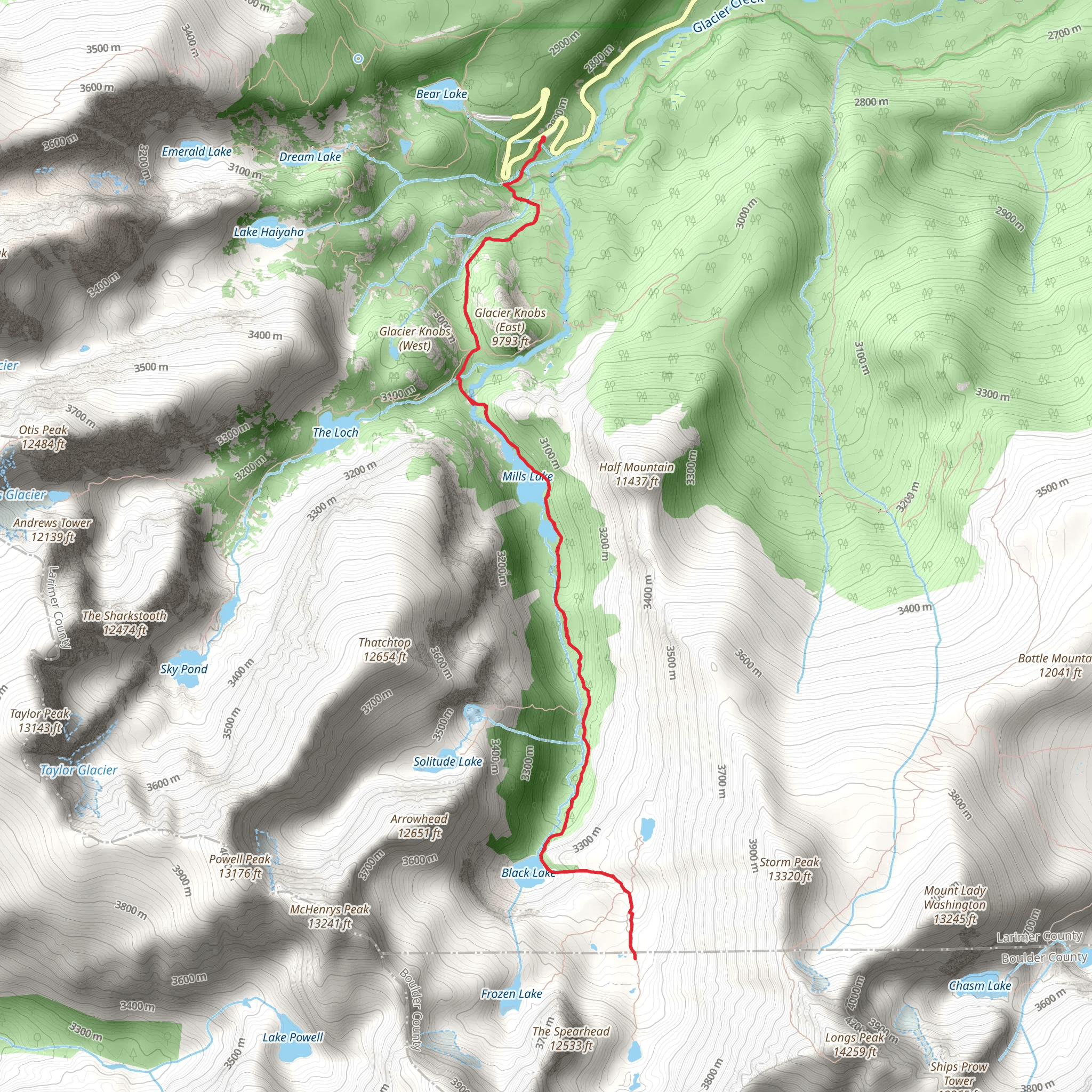 Mills Lake - Black Lake via Loch Vale Trail mobile static map