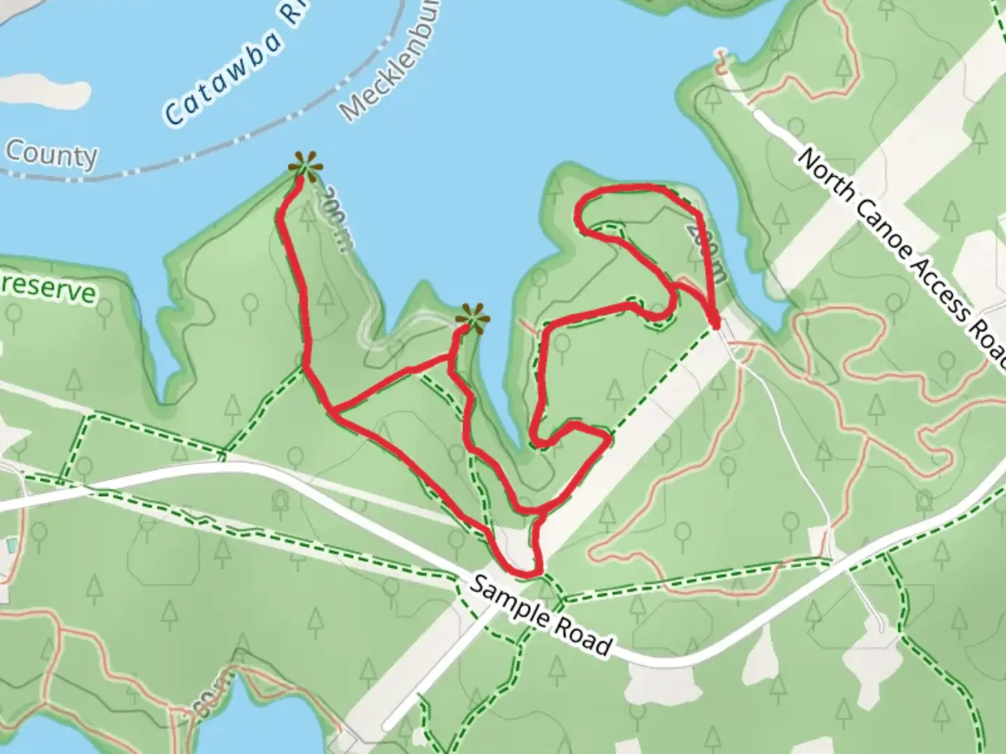 An image depicting the trail Catawba River via Laura's Trail and Catawba Trail and its surrounding area.