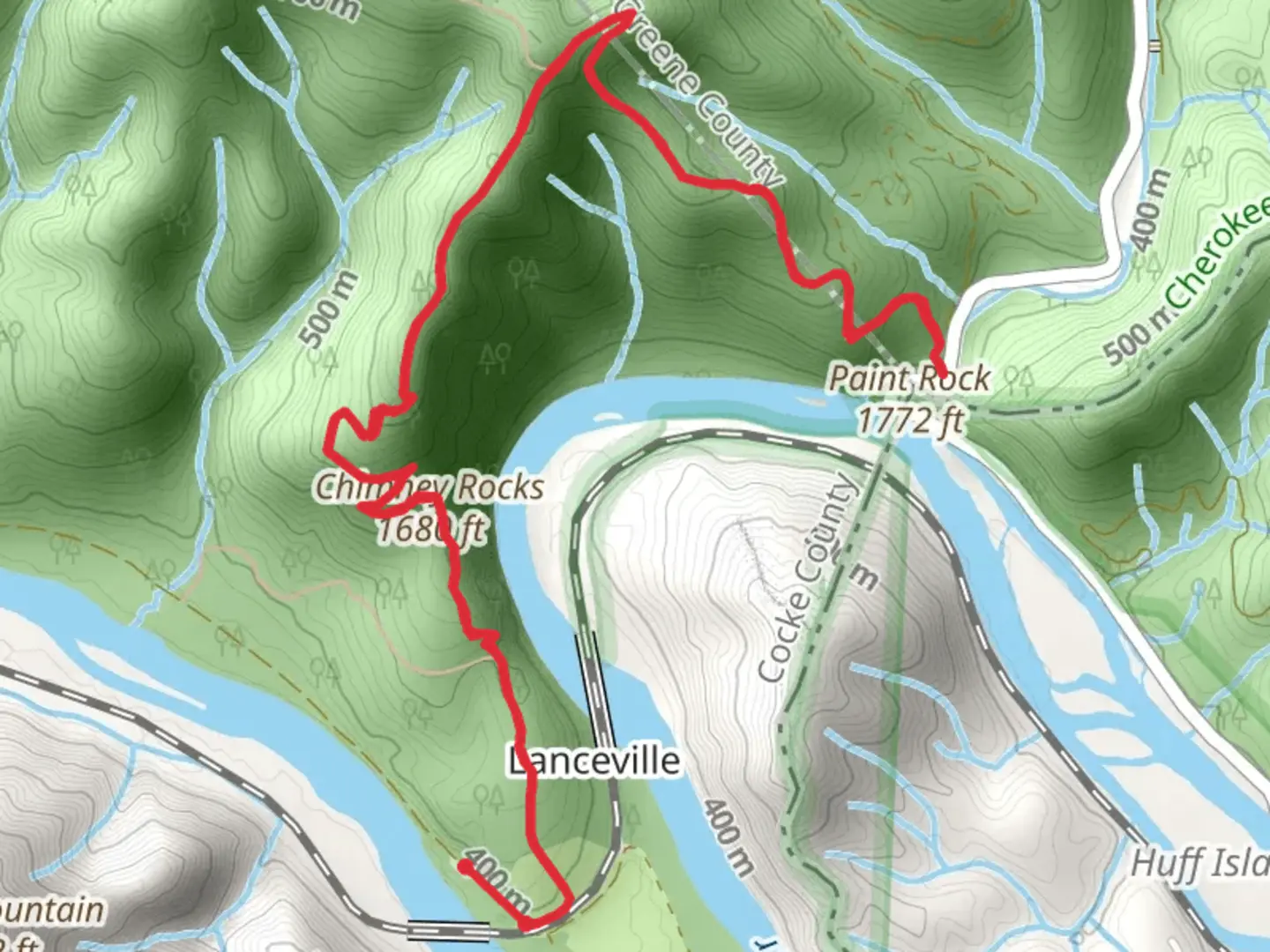 An image depicting the trail Paint Rock and Chimney Rocks Trail and its surrounding area.