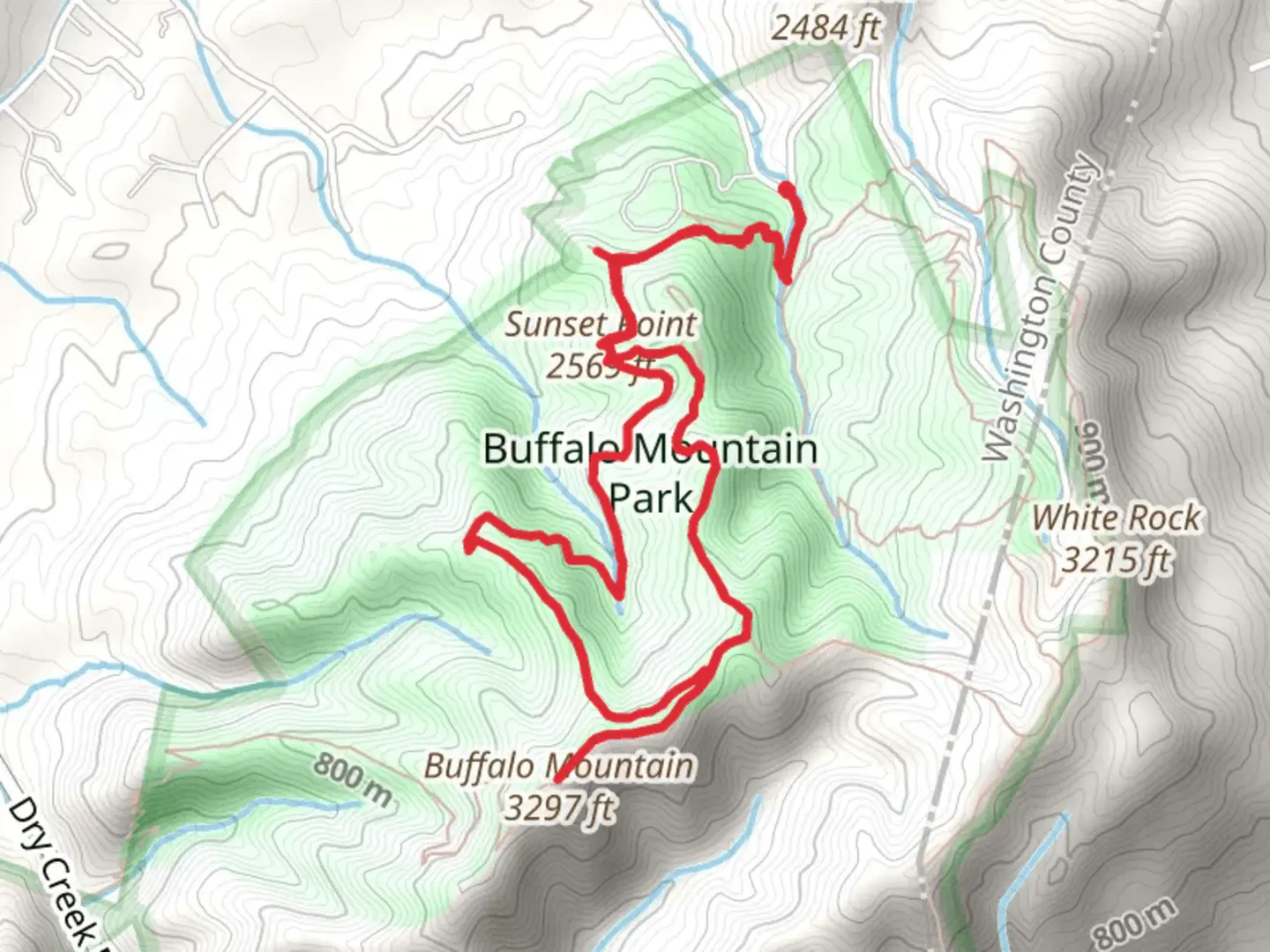 An image depicting the trail Huckleberry Knob and Buffalo Mountain Loop Trail and its surrounding area.