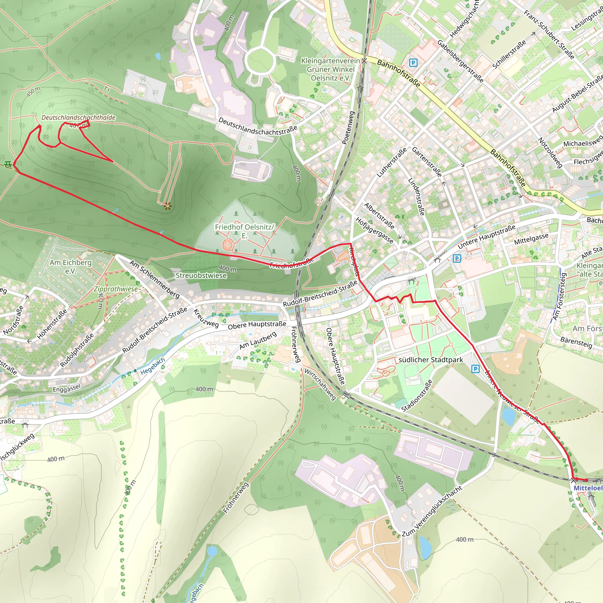 Deutschlandschachthalde via Stadtweg Architektur and Bergbauweg Oelsnitz mobile static map