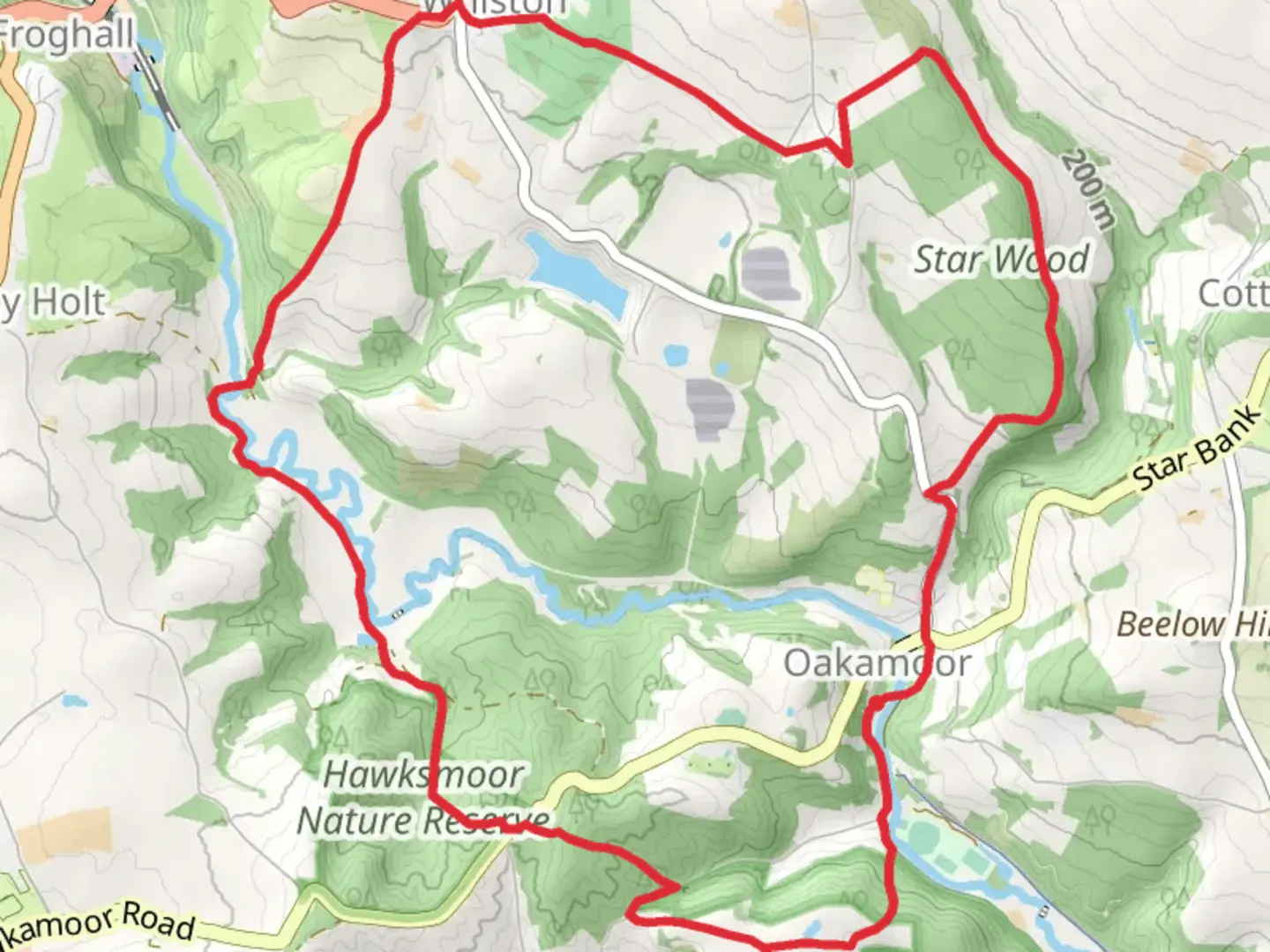 An image depicting the trail Star Wood and Hayes Wood Loop via Churnet Way and its surrounding area.