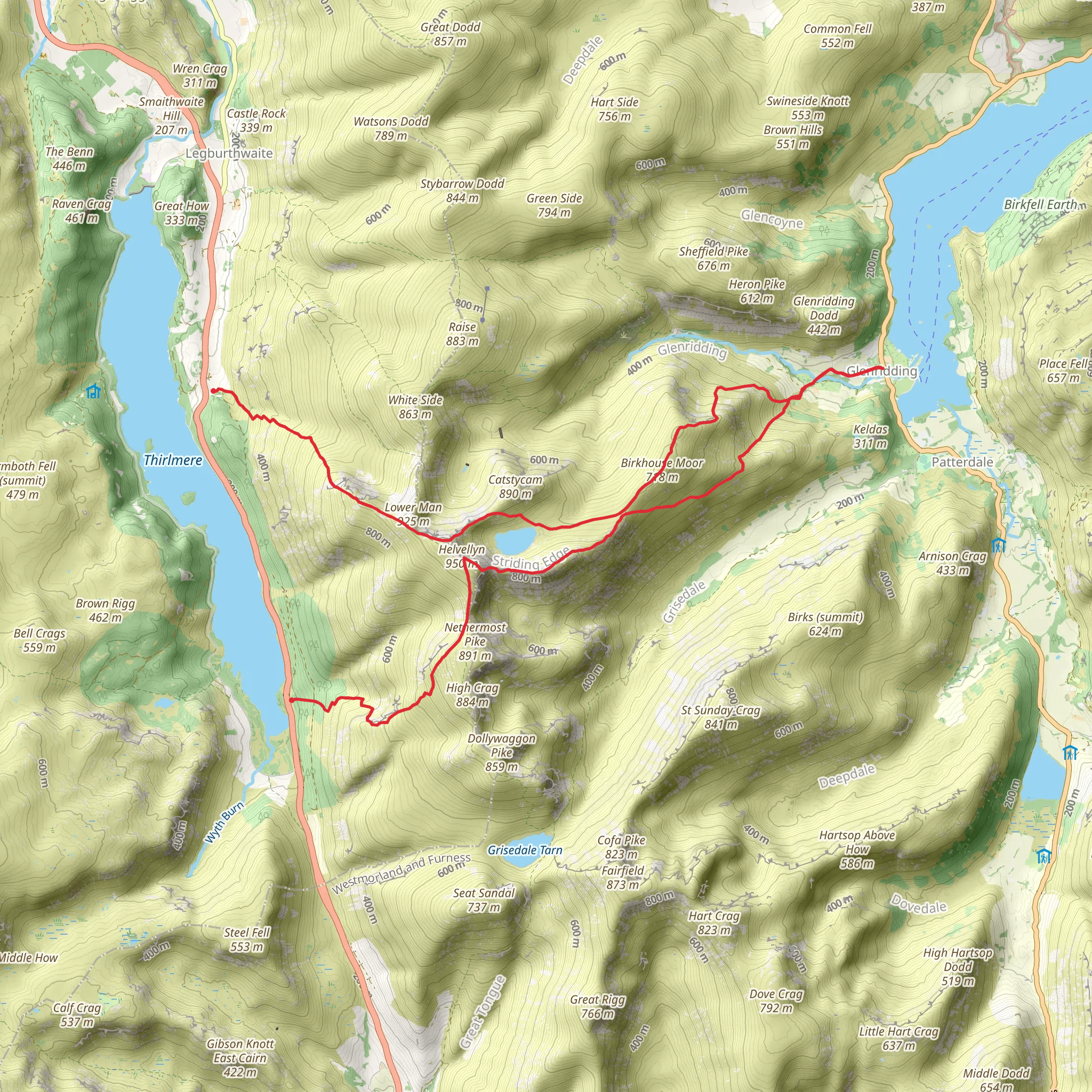 Red Tarn, Birkhouse Moor and Helvellyn Walk - Thirlmere mobile static map