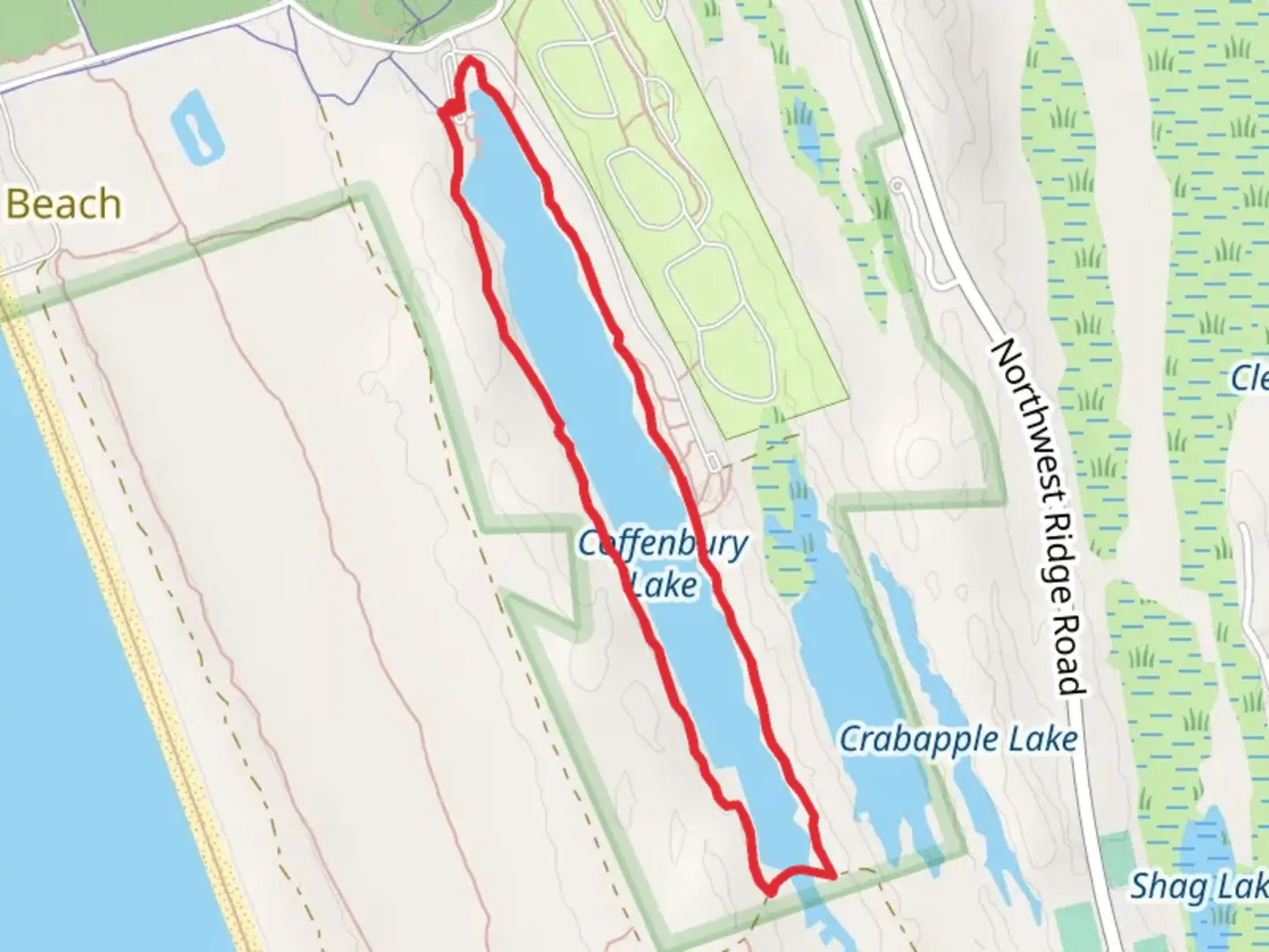An image depicting the trail Coffenbury Lake Loop and its surrounding area.