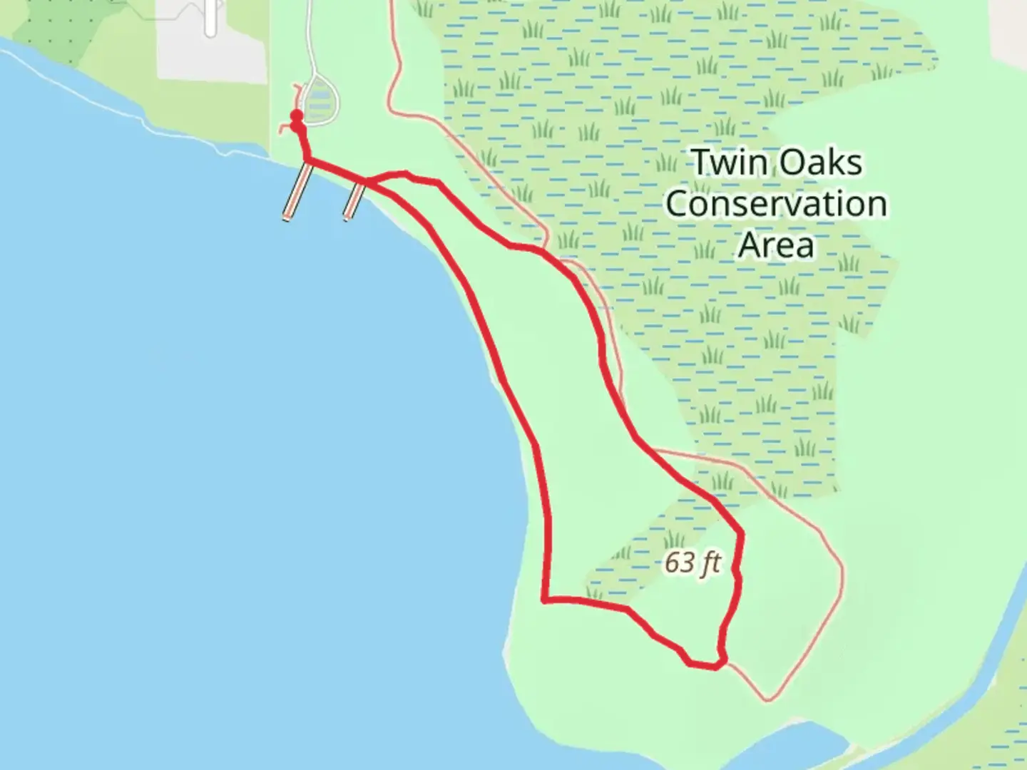 An image depicting the trail Twin Oaks Conservation Area Loop and its surrounding area.