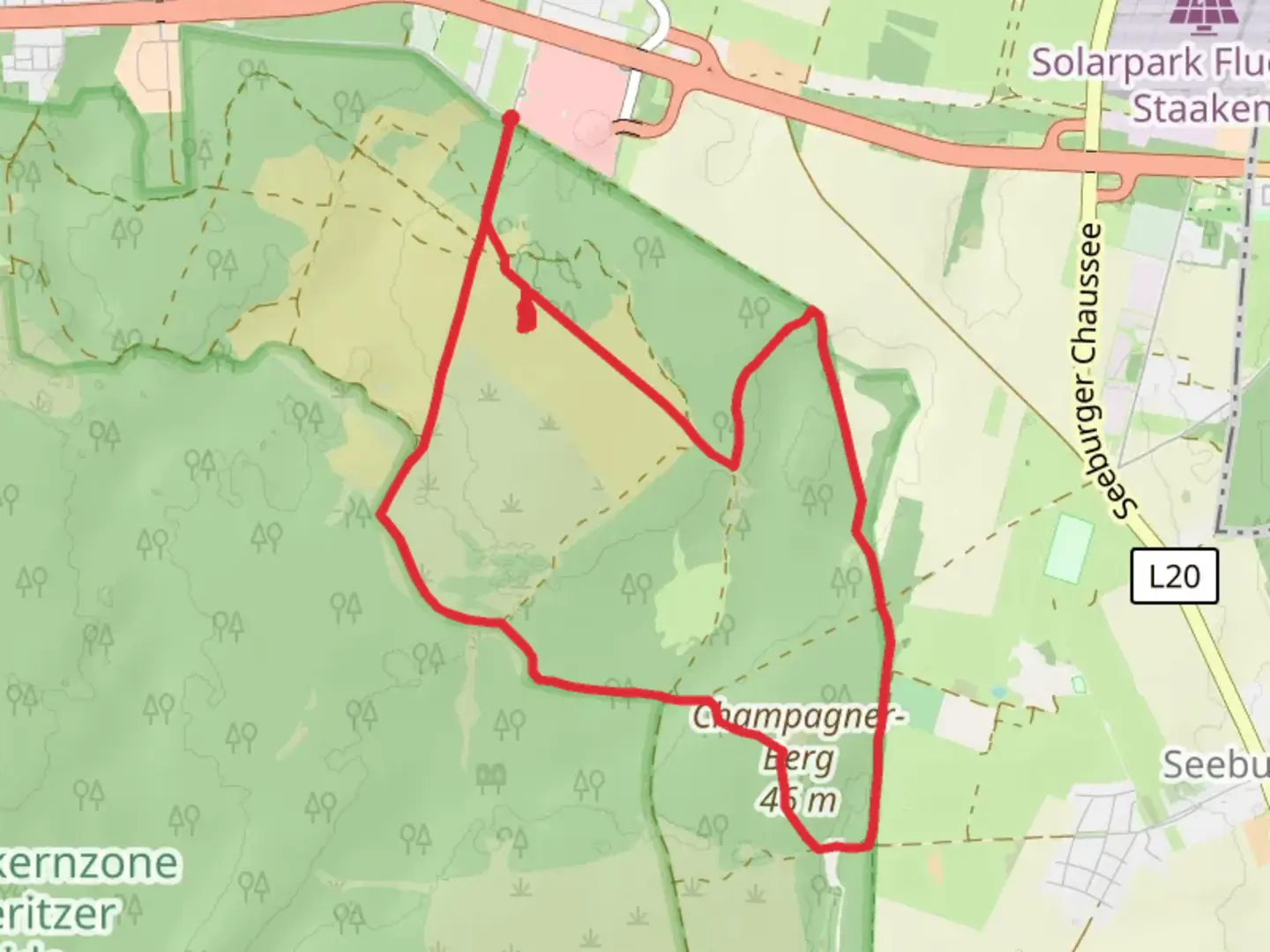 An image depicting the trail Hasenheide and Obelisk via Rundwanderweg and its surrounding area.