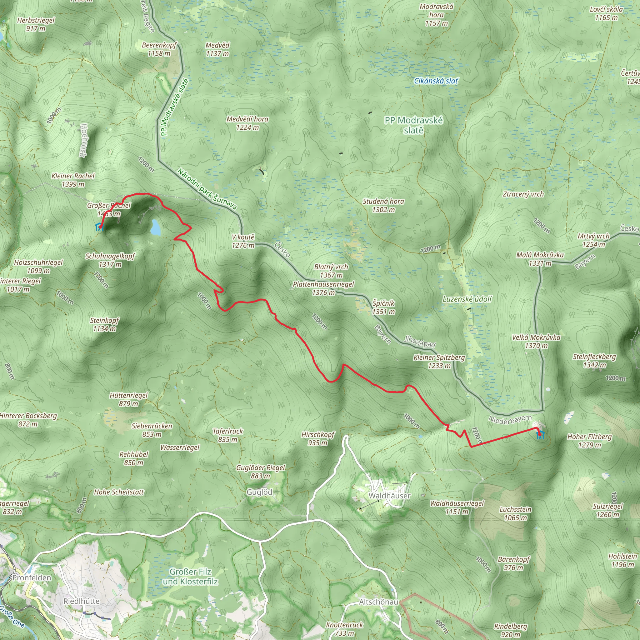 Großer Rachel to Lusen Peak Walk via AUerhahn mobile static map
