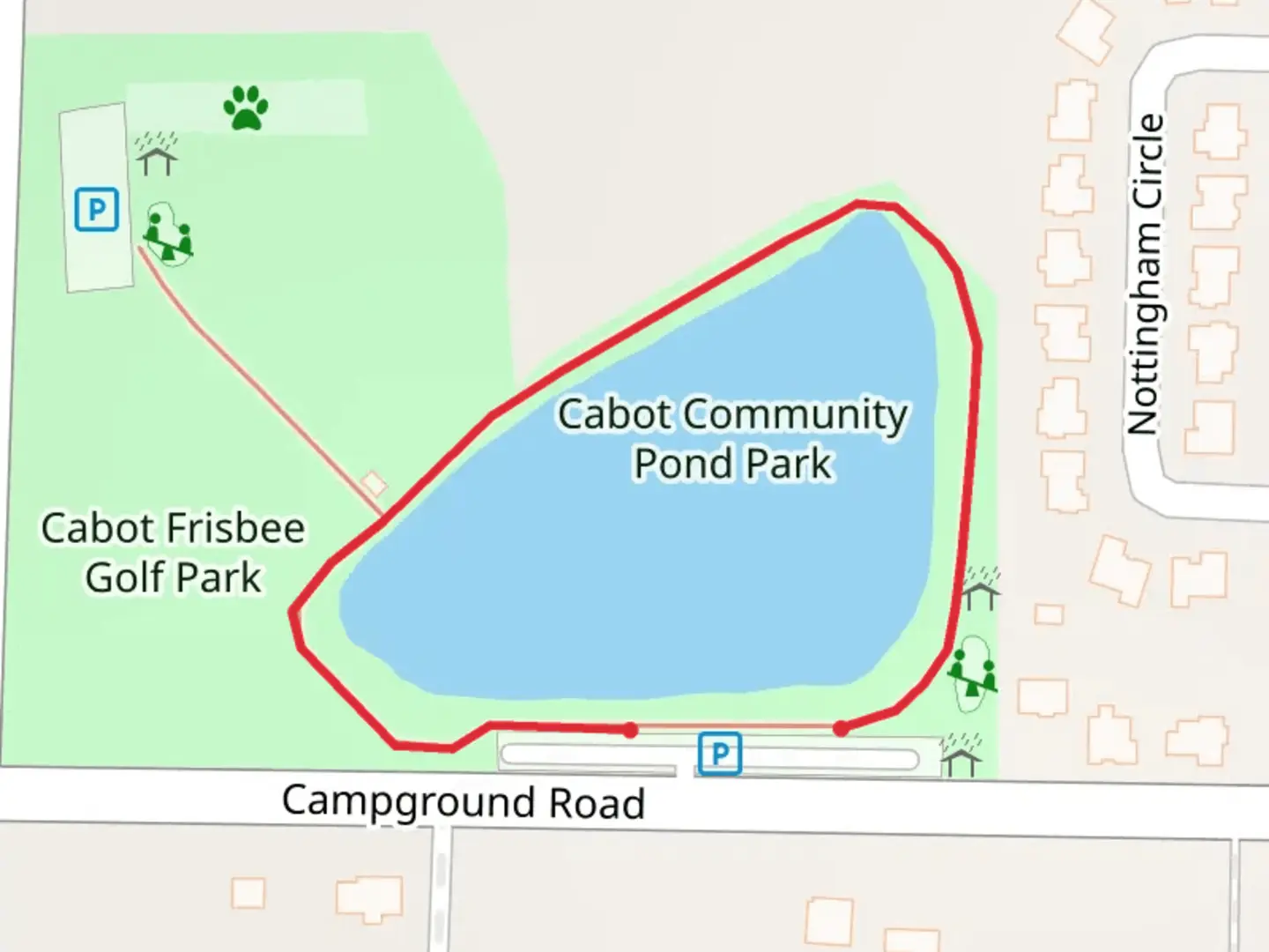 An image depicting the trail Cabot Community Pond Loop and its surrounding area.
